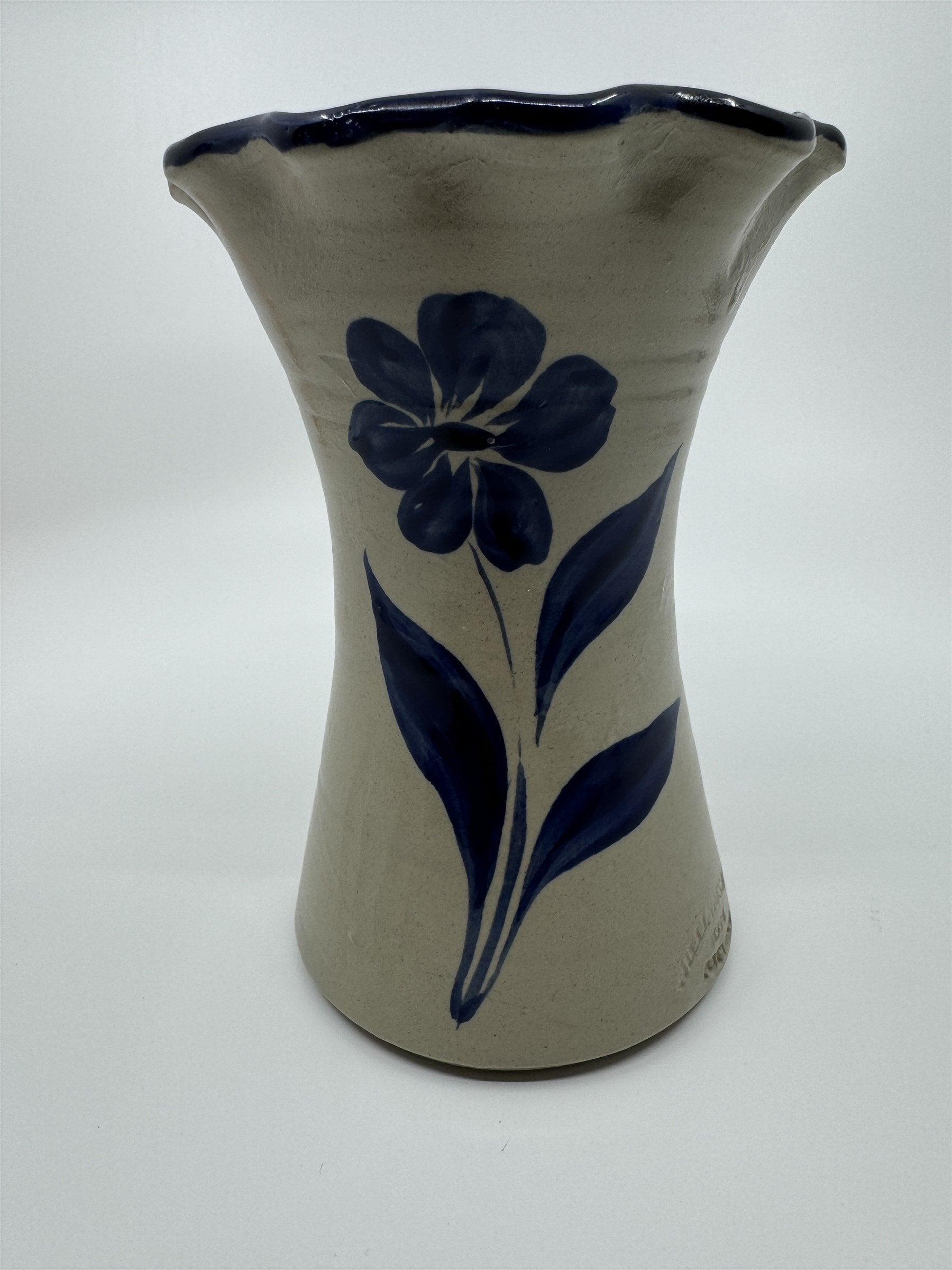 Williamsburg 1994 Pottery Glazed Flower Vase Blue Pattern 6.5" Tall
