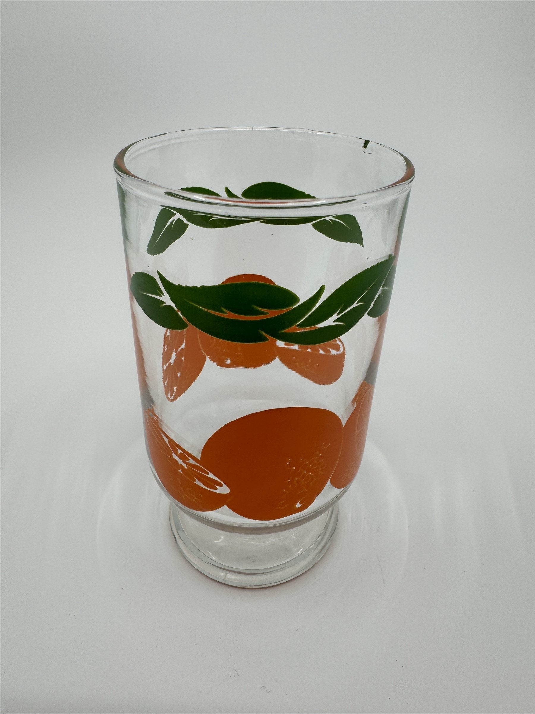 Vintage Anchor Hocking Oranges Juice Glass /w Green Leaf Border Flat *Chip*