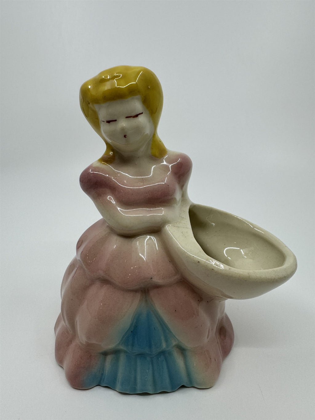 Vintage Ceramic Shawnee Pottery Lady in Pink/Blue Dress Planter Flowers Figurine