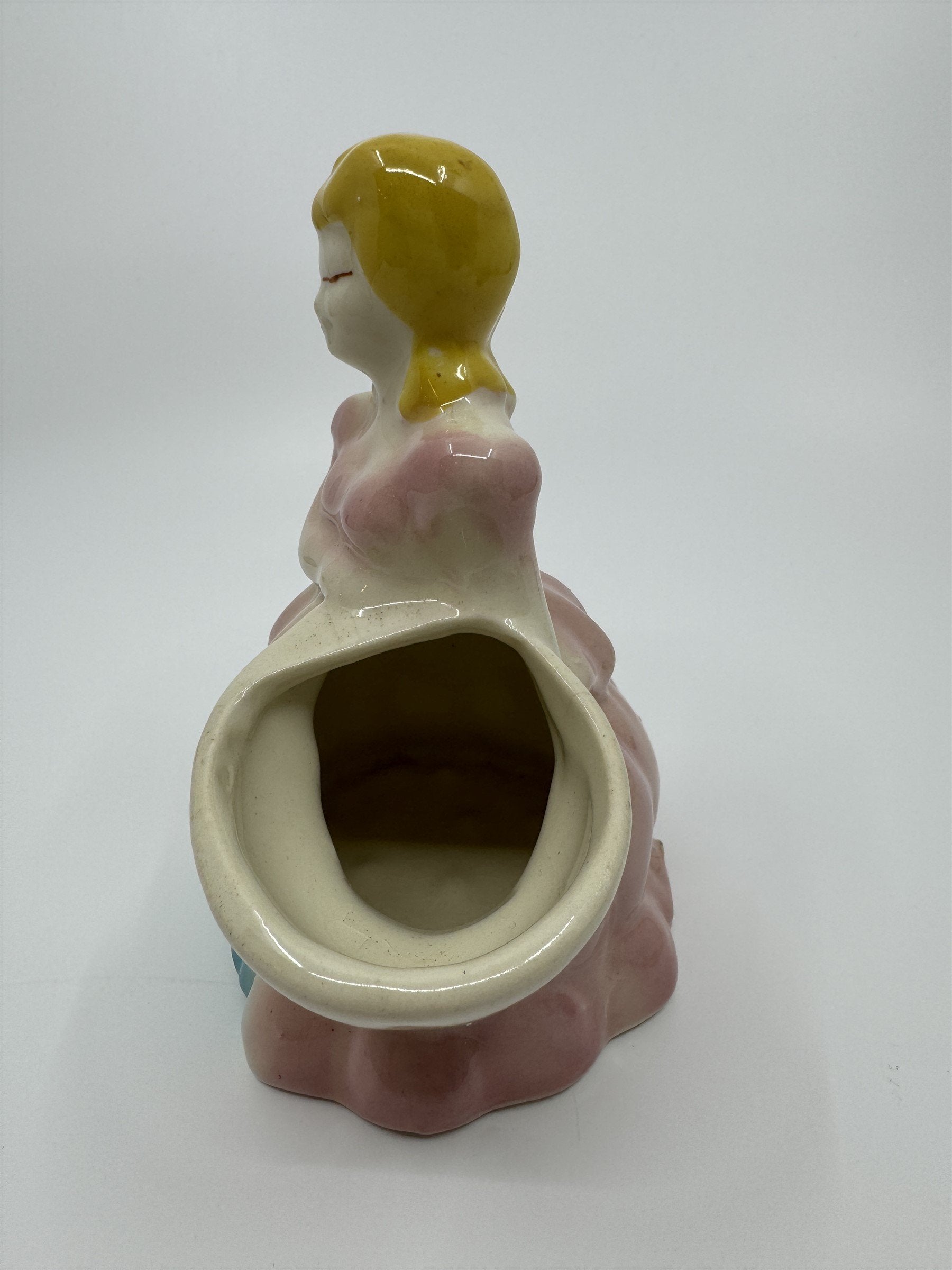 Vintage Ceramic Shawnee Pottery Lady in Pink/Blue Dress Planter Flowers Figurine