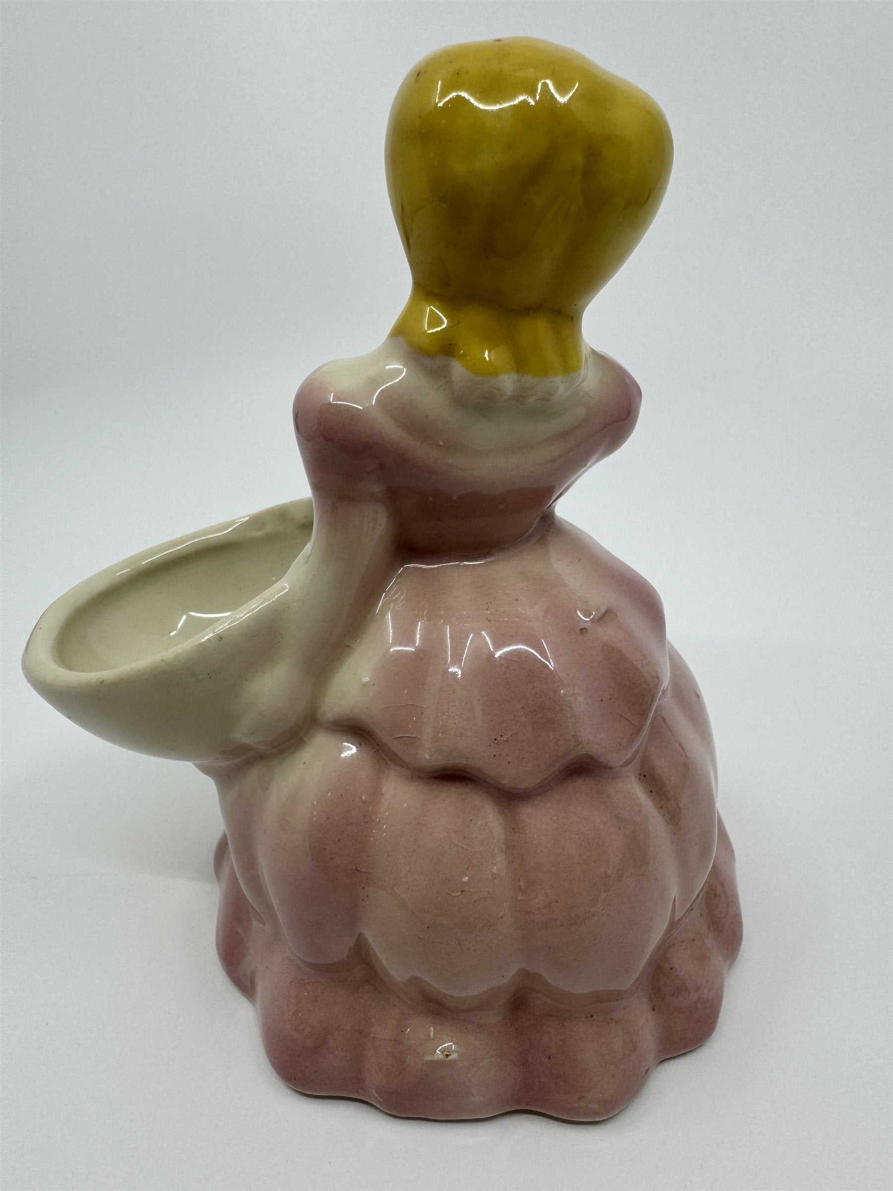 Vintage Ceramic Shawnee Pottery Lady in Pink/Blue Dress Planter Flowers Figurine