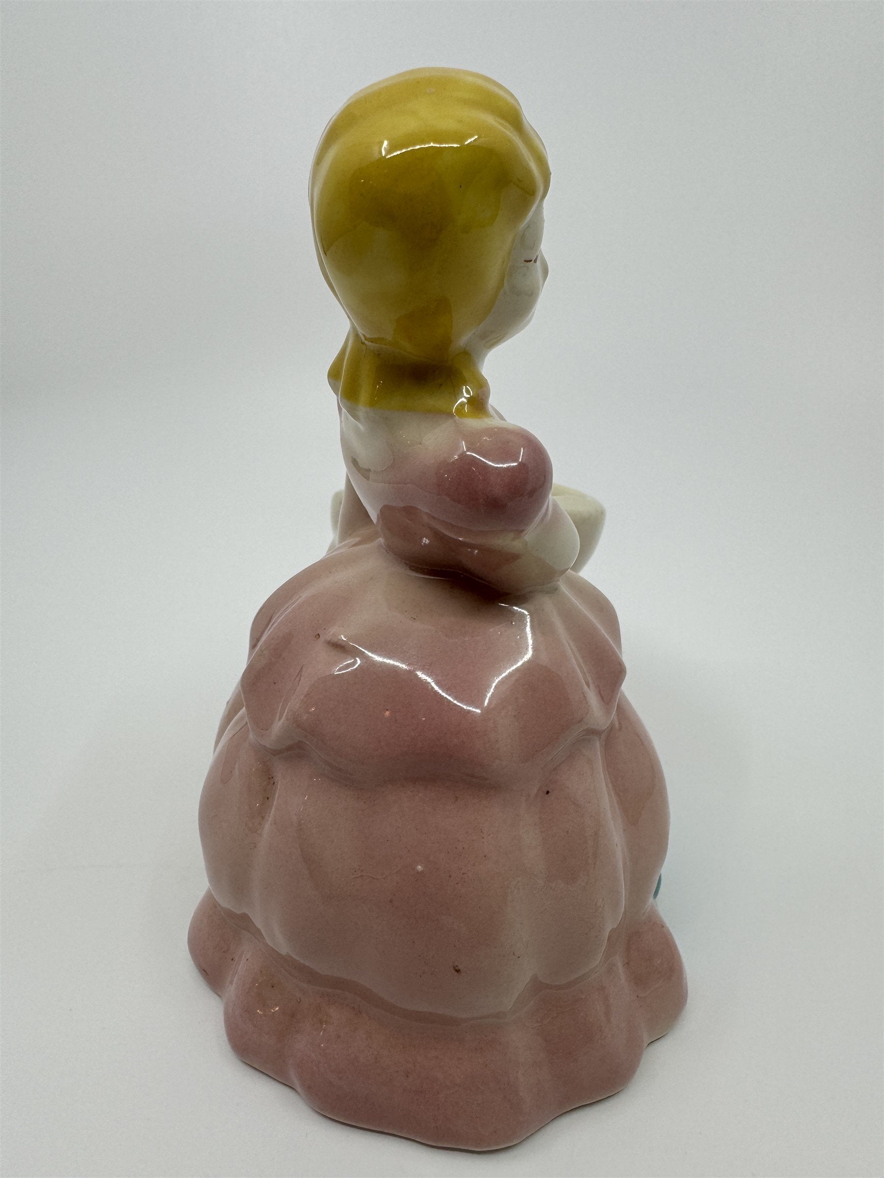 Vintage Ceramic Shawnee Pottery Lady in Pink/Blue Dress Planter Flowers Figurine