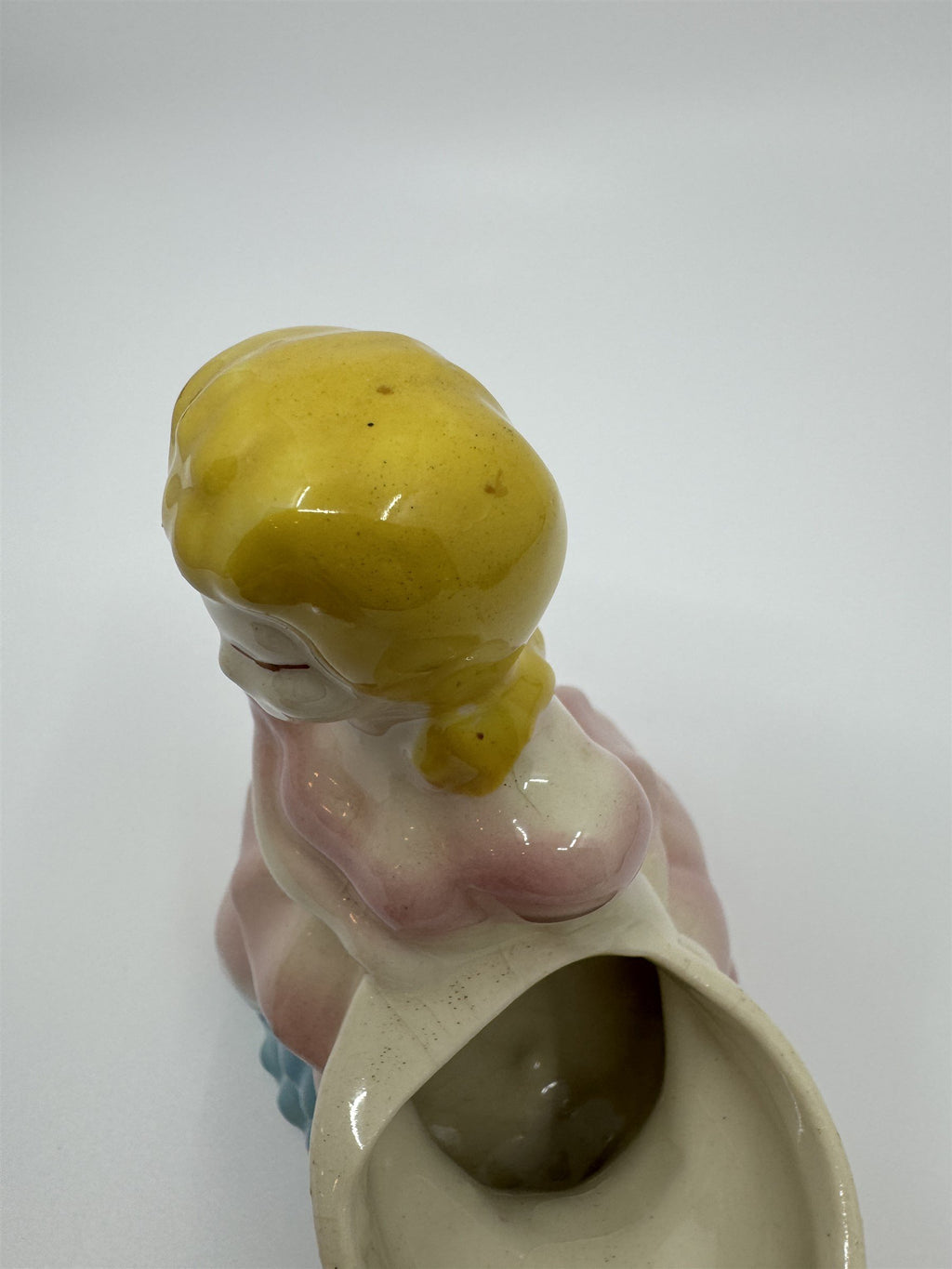 Vintage Ceramic Shawnee Pottery Lady in Pink/Blue Dress Planter Flowers Figurine