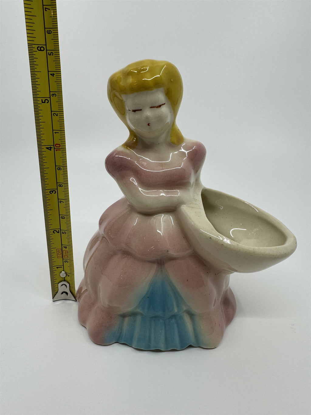 Vintage Ceramic Shawnee Pottery Lady in Pink/Blue Dress Planter Flowers Figurine