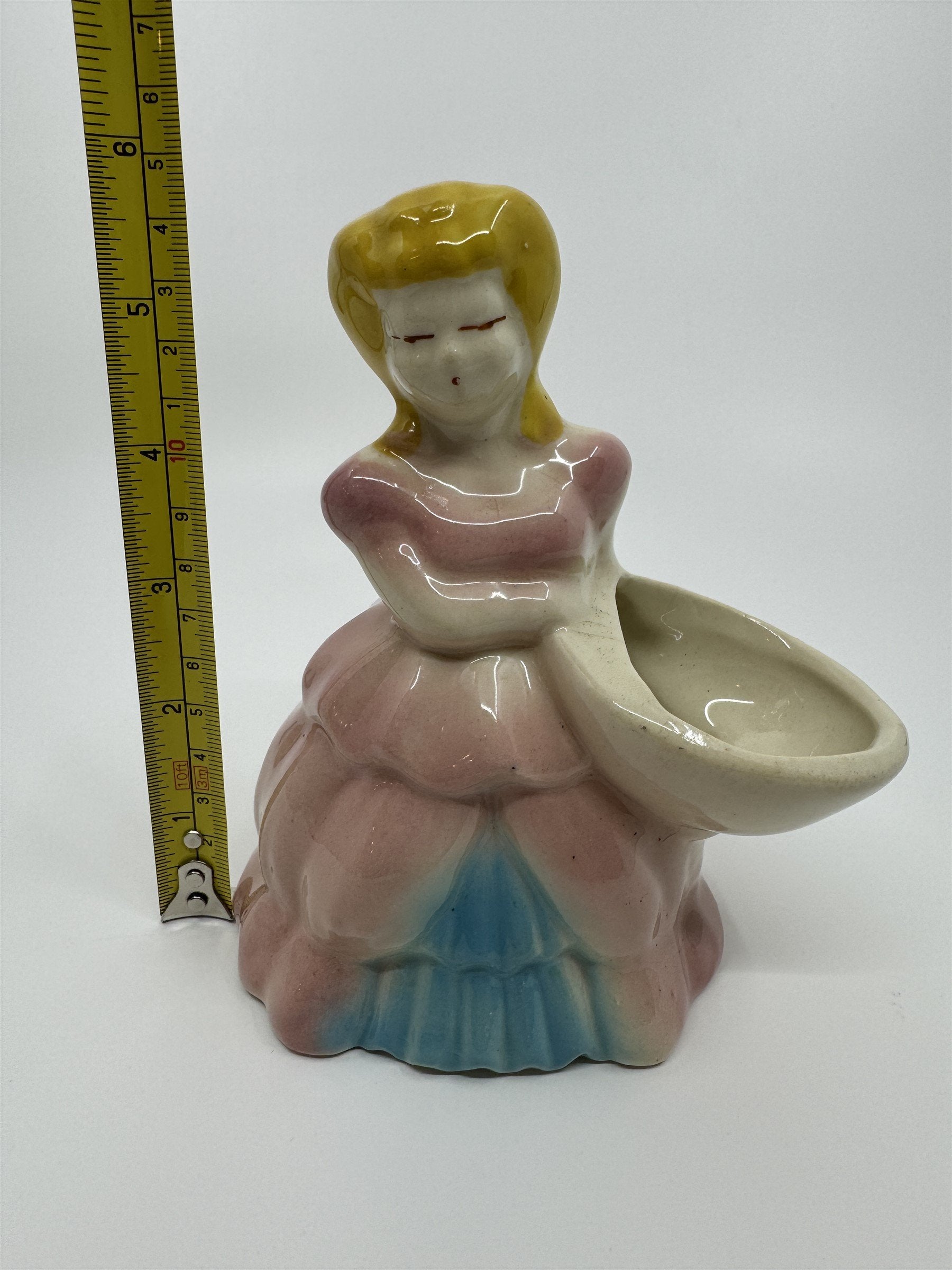 Vintage Ceramic Shawnee Pottery Lady in Pink/Blue Dress Planter Flowers Figurine