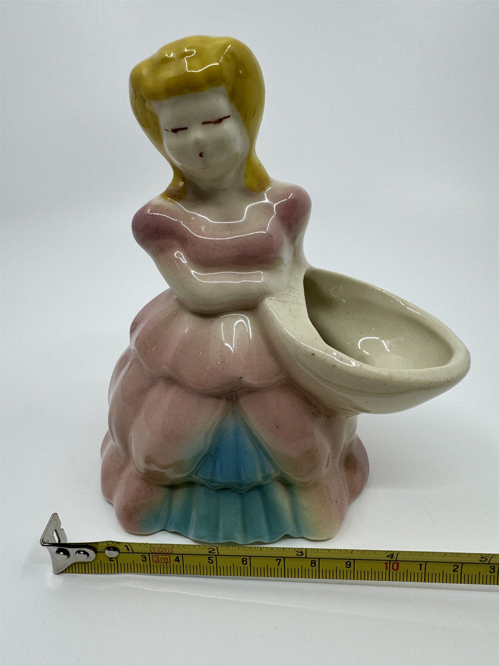 Vintage Ceramic Shawnee Pottery Lady in Pink/Blue Dress Planter Flowers Figurine