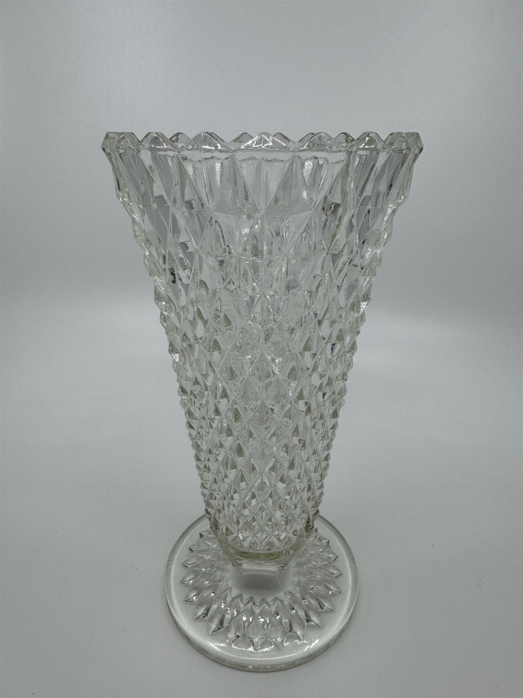 8" Tall Vintage Indiana Glass Diamond Point Pedestal Clear Pressed Glass Vase