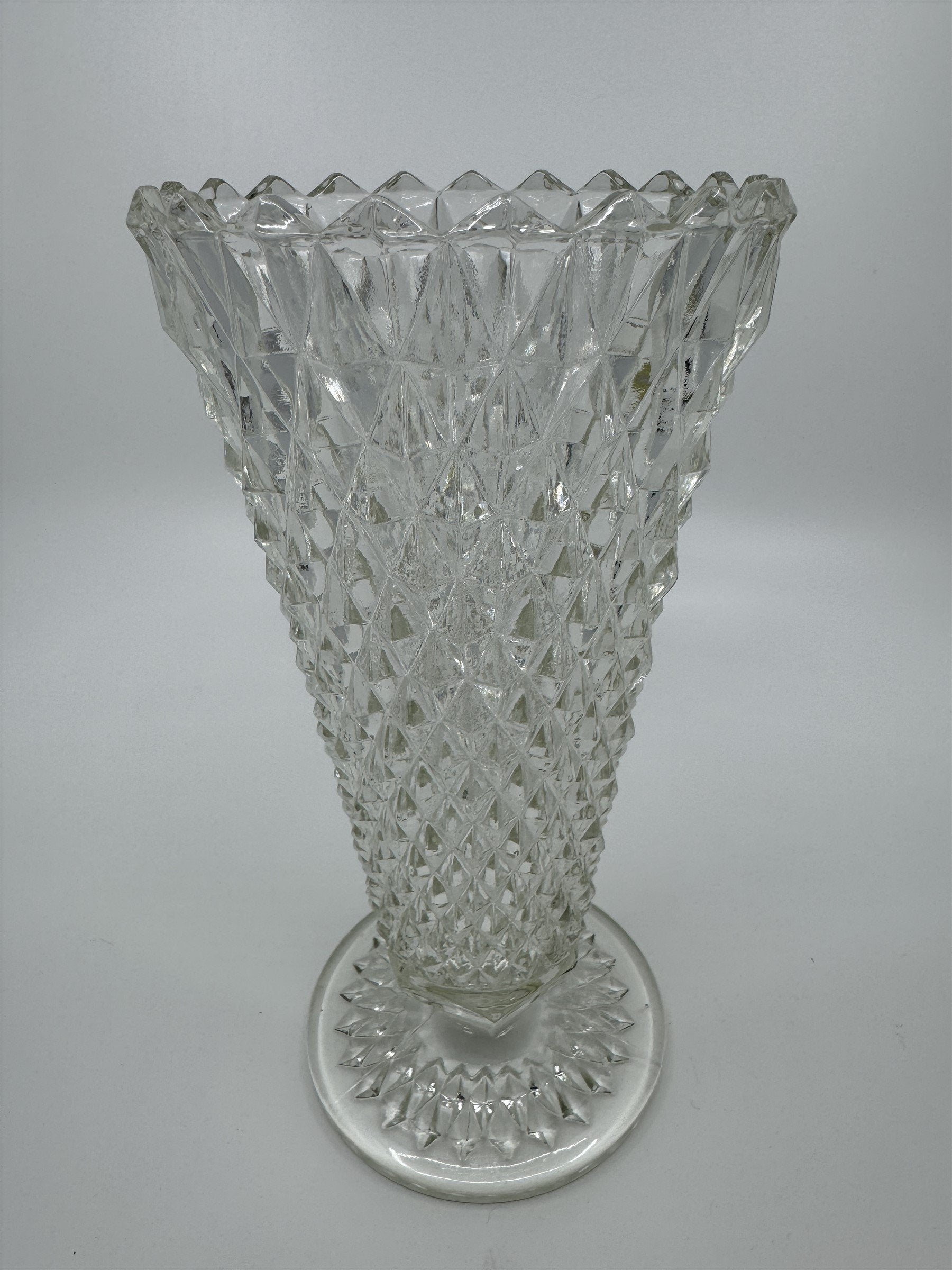 8" Tall Vintage Indiana Glass Diamond Point Pedestal Clear Pressed Glass Vase