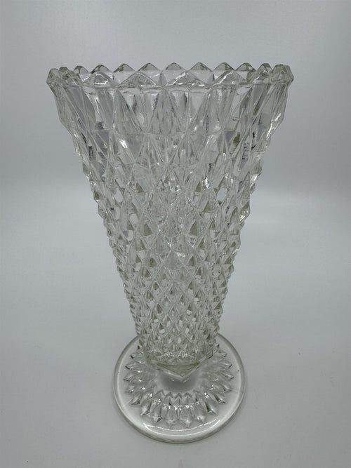 8" Tall Vintage Indiana Glass Diamond Point Pedestal Clear Pressed Glass Vase