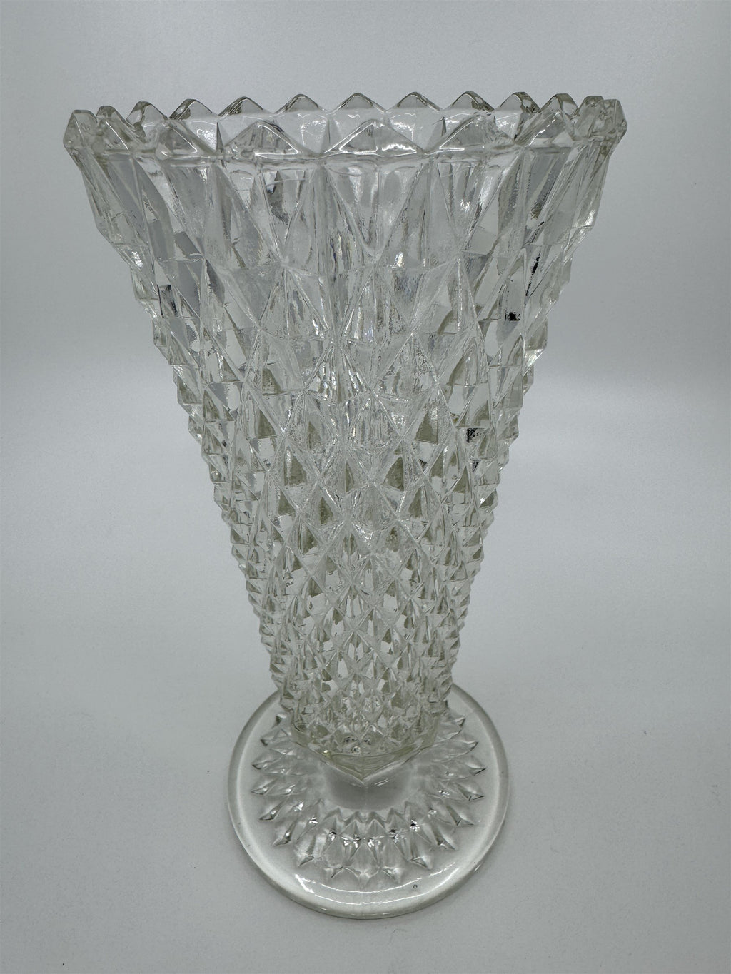 8" Tall Vintage Indiana Glass Diamond Point Pedestal Clear Pressed Glass Vase