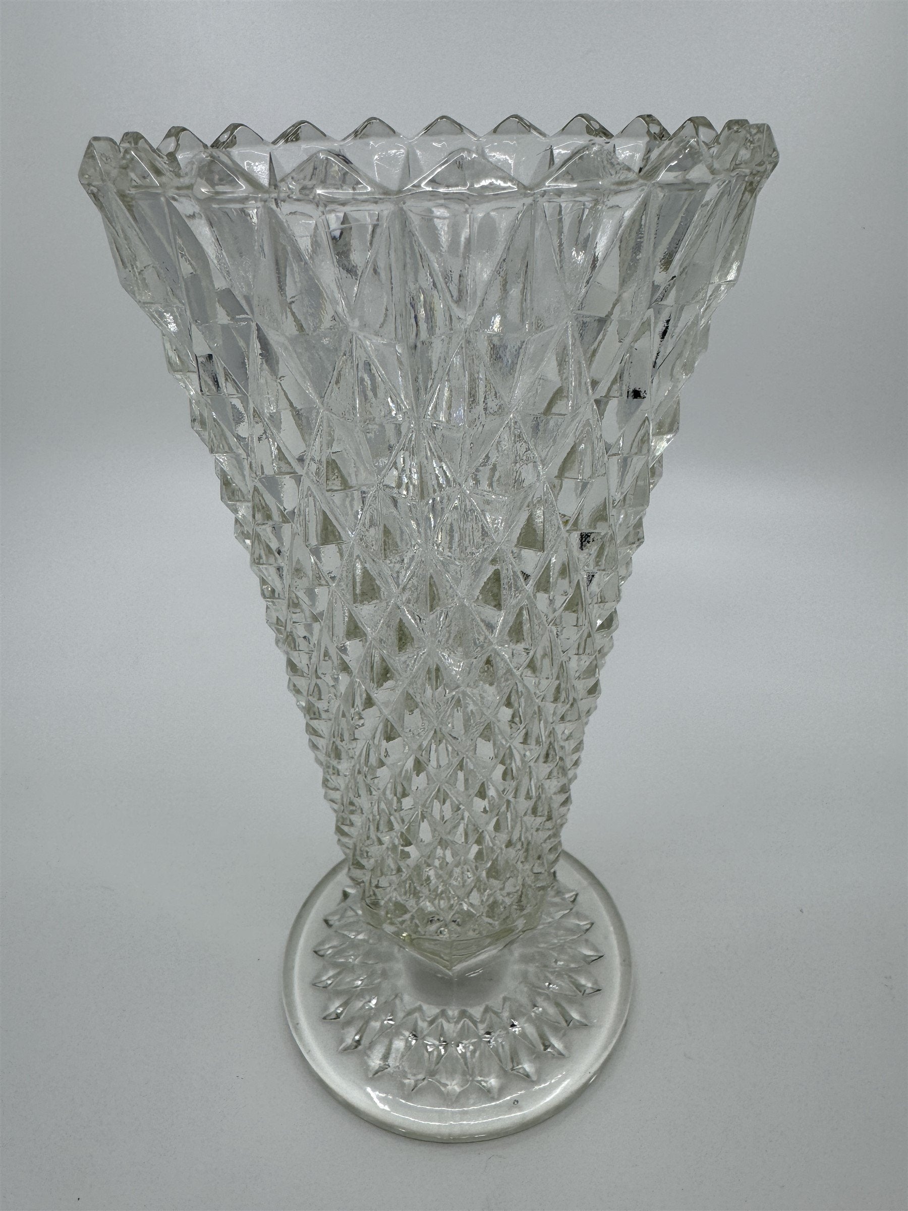 8" Tall Vintage Indiana Glass Diamond Point Pedestal Clear Pressed Glass Vase