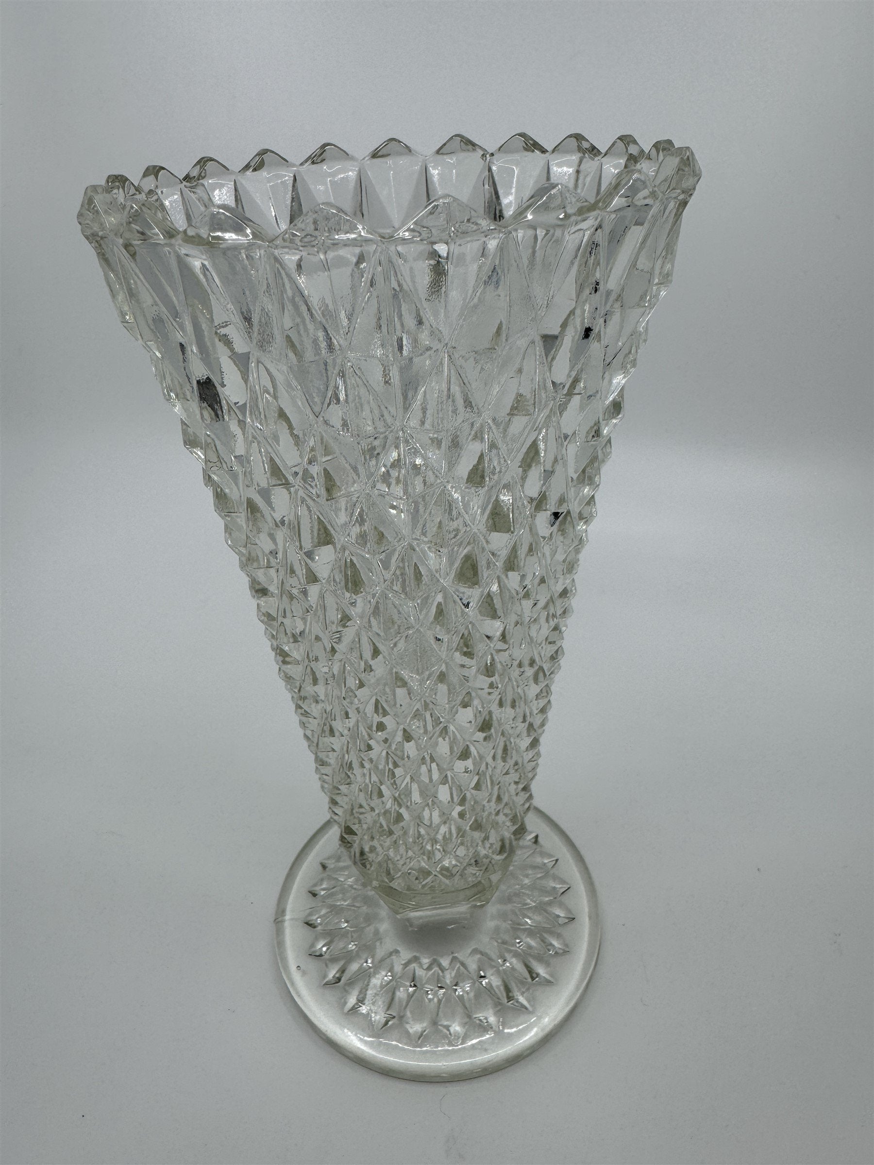 8" Tall Vintage Indiana Glass Diamond Point Pedestal Clear Pressed Glass Vase