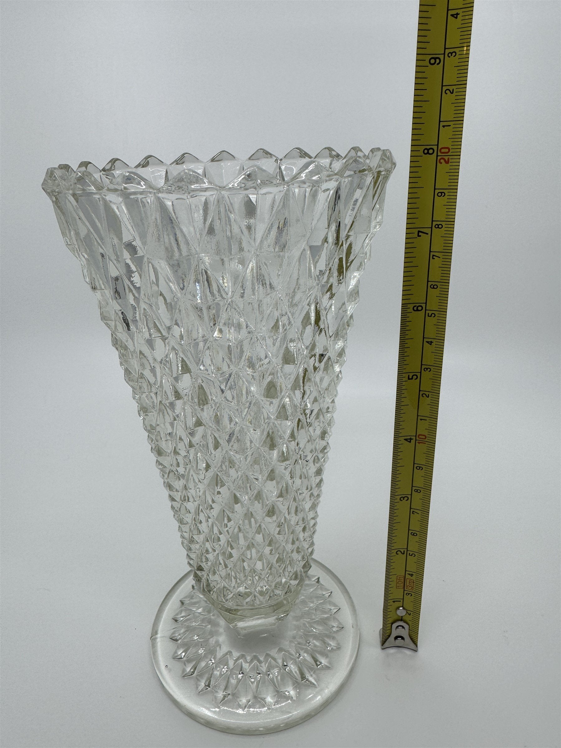 8" Tall Vintage Indiana Glass Diamond Point Pedestal Clear Pressed Glass Vase