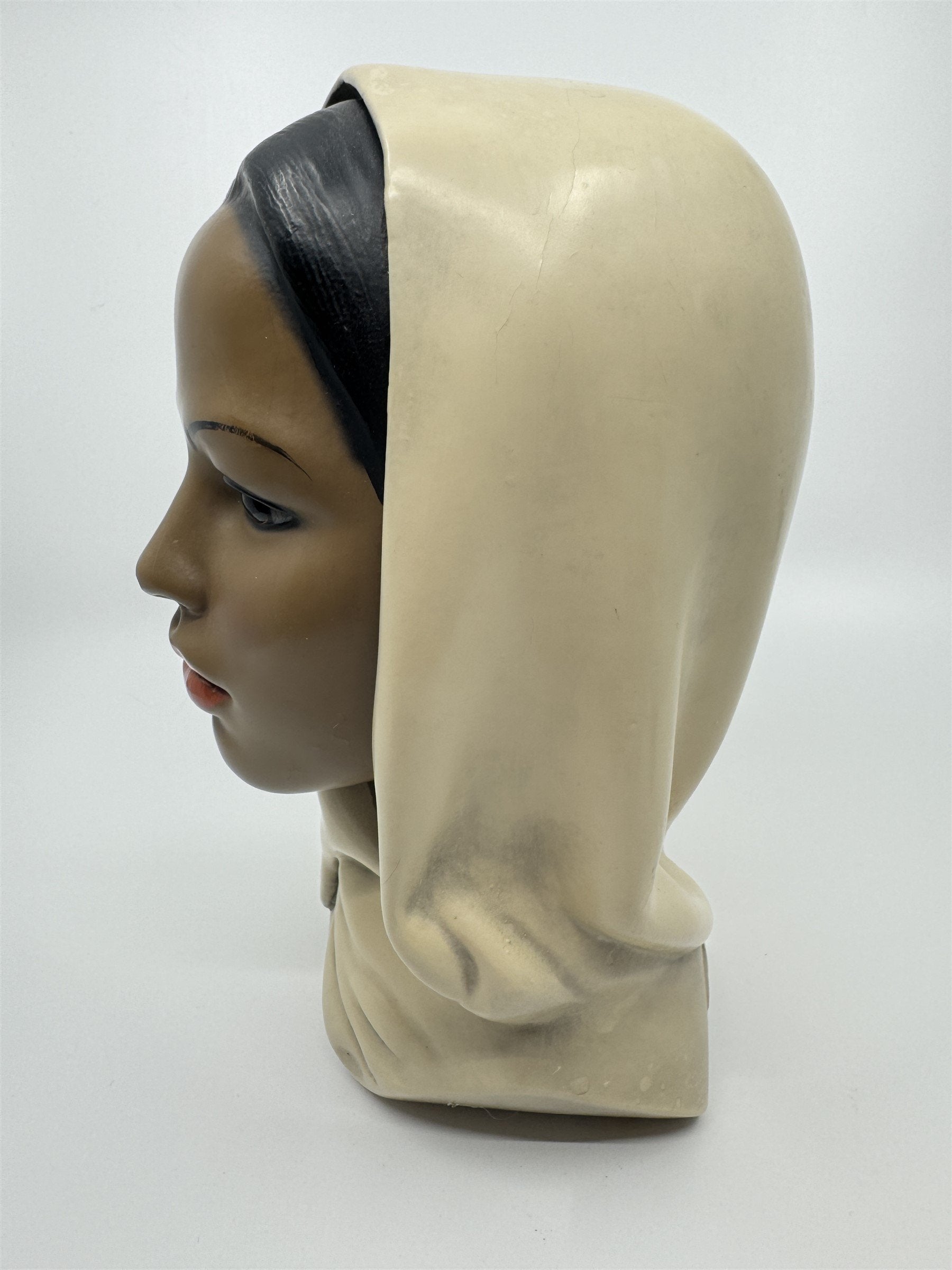 Vintage Marwal Chalkware Woman Head Bust Woman Wearing a Hijab MCM 10-in Display