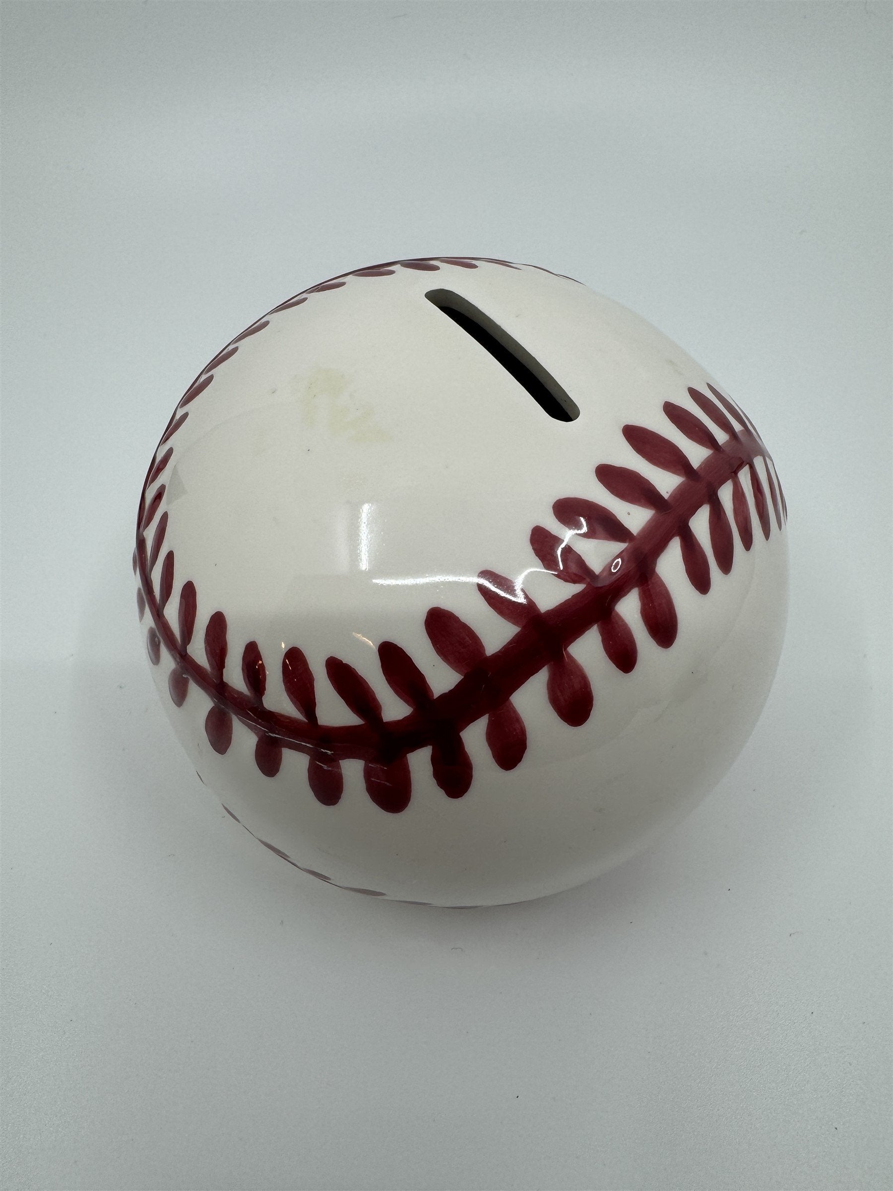 Vintage Baseball Shaped Ceramic Coin Piggy Bank Hand-Painted 5" Piggie Bank