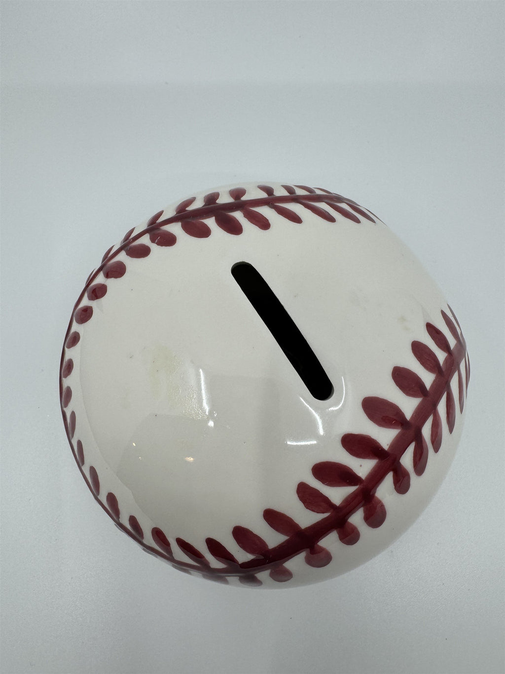 Vintage Baseball Shaped Ceramic Coin Piggy Bank Hand-Painted 5" Piggie Bank