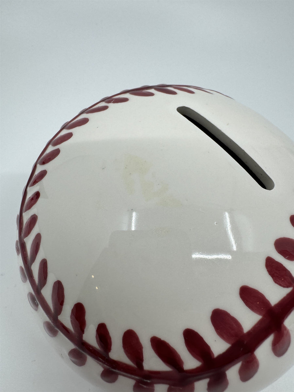 Vintage Baseball Shaped Ceramic Coin Piggy Bank Hand-Painted 5" Piggie Bank