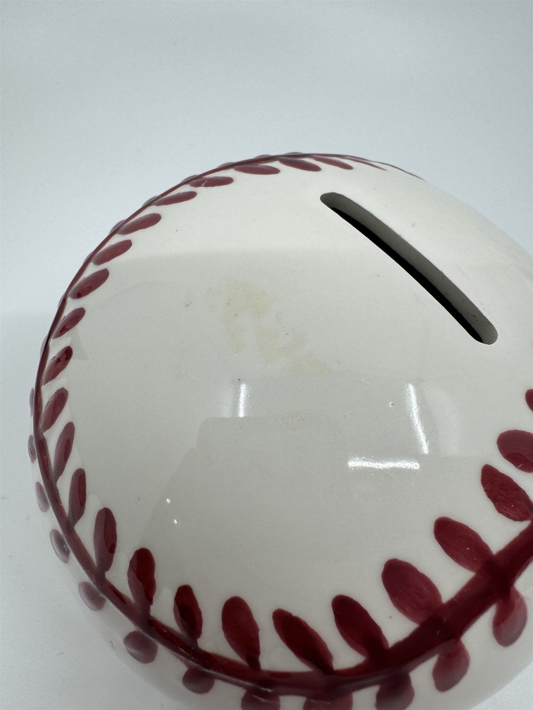 Vintage Baseball Shaped Ceramic Coin Piggy Bank Hand-Painted 5" Piggie Bank