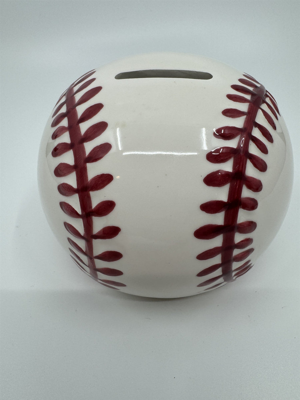 Vintage Baseball Shaped Ceramic Coin Piggy Bank Hand-Painted 5" Piggie Bank