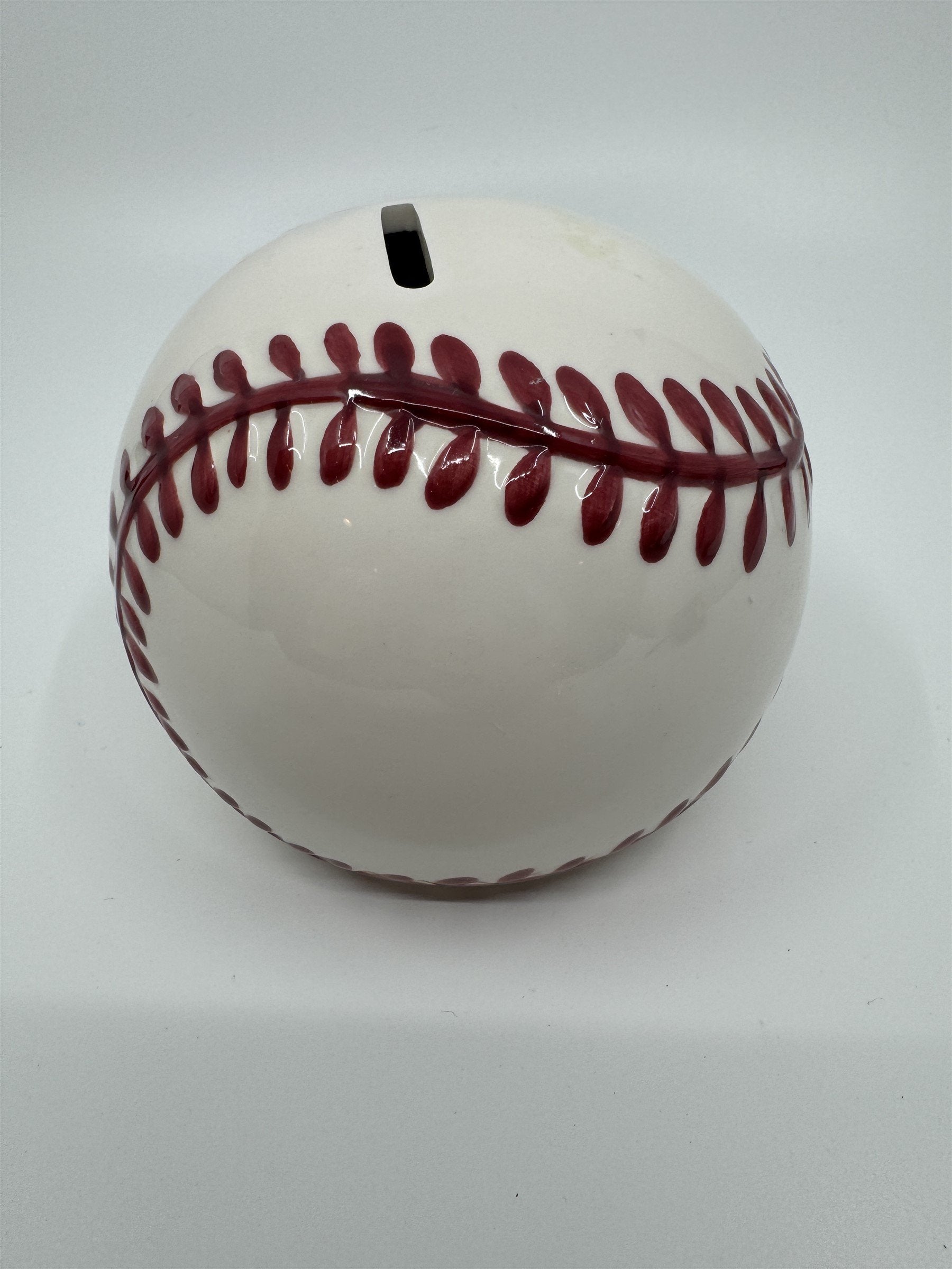 Vintage Baseball Shaped Ceramic Coin Piggy Bank Hand-Painted 5" Piggie Bank