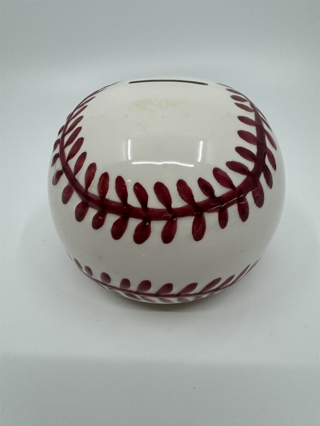 Vintage Baseball Shaped Ceramic Coin Piggy Bank Hand-Painted 5" Piggie Bank
