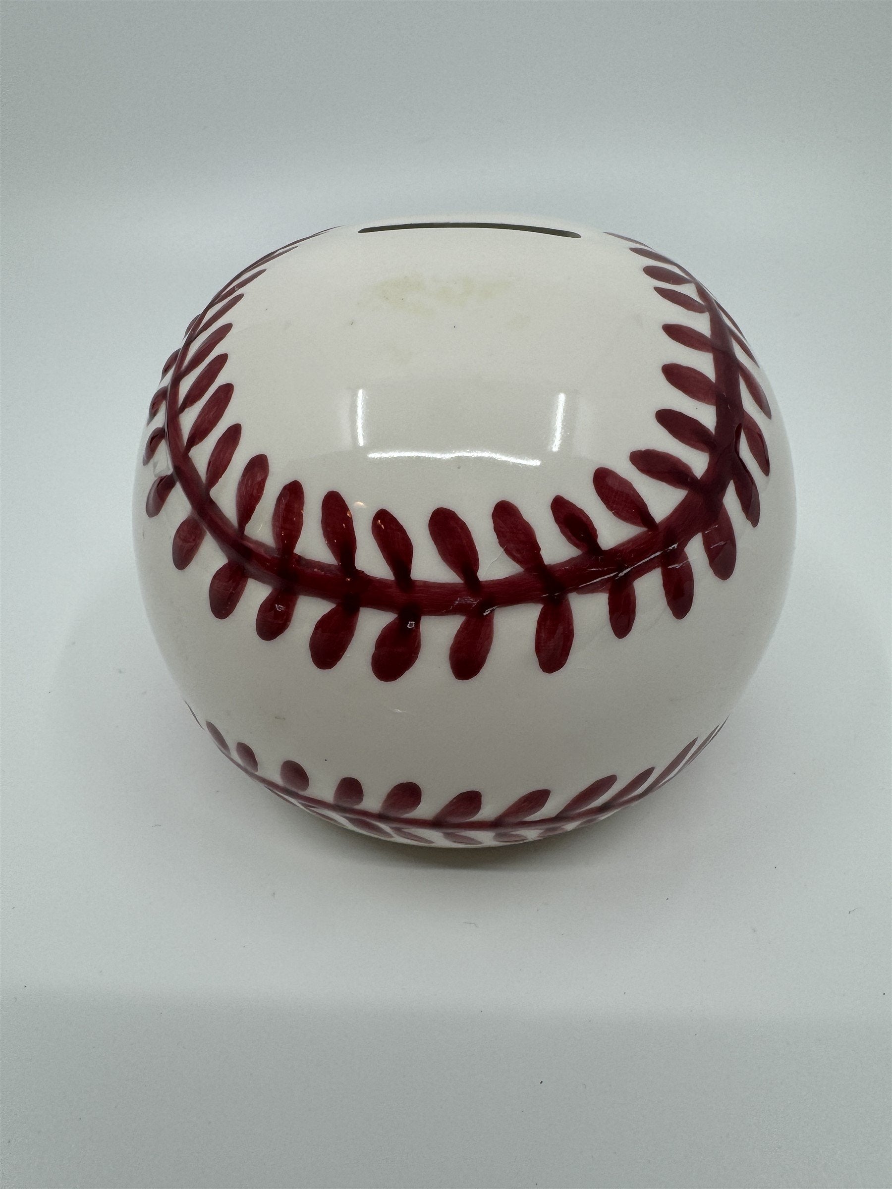 Vintage Baseball Shaped Ceramic Coin Piggy Bank Hand-Painted 5" Piggie Bank