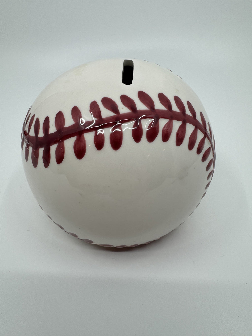 Vintage Baseball Shaped Ceramic Coin Piggy Bank Hand-Painted 5" Piggie Bank