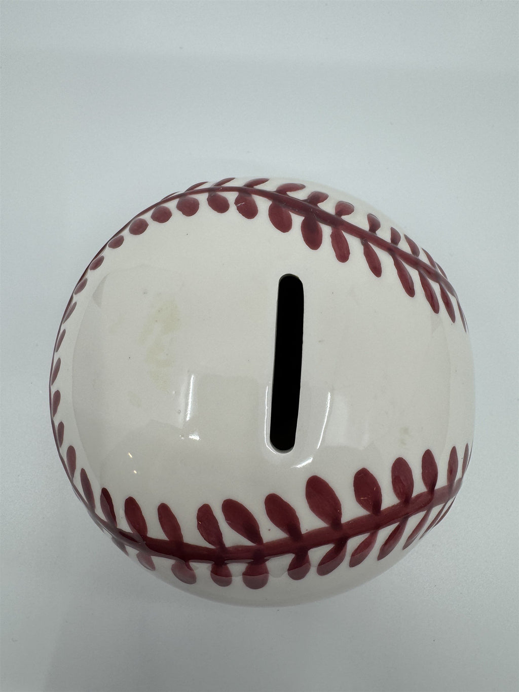 Vintage Baseball Shaped Ceramic Coin Piggy Bank Hand-Painted 5" Piggie Bank