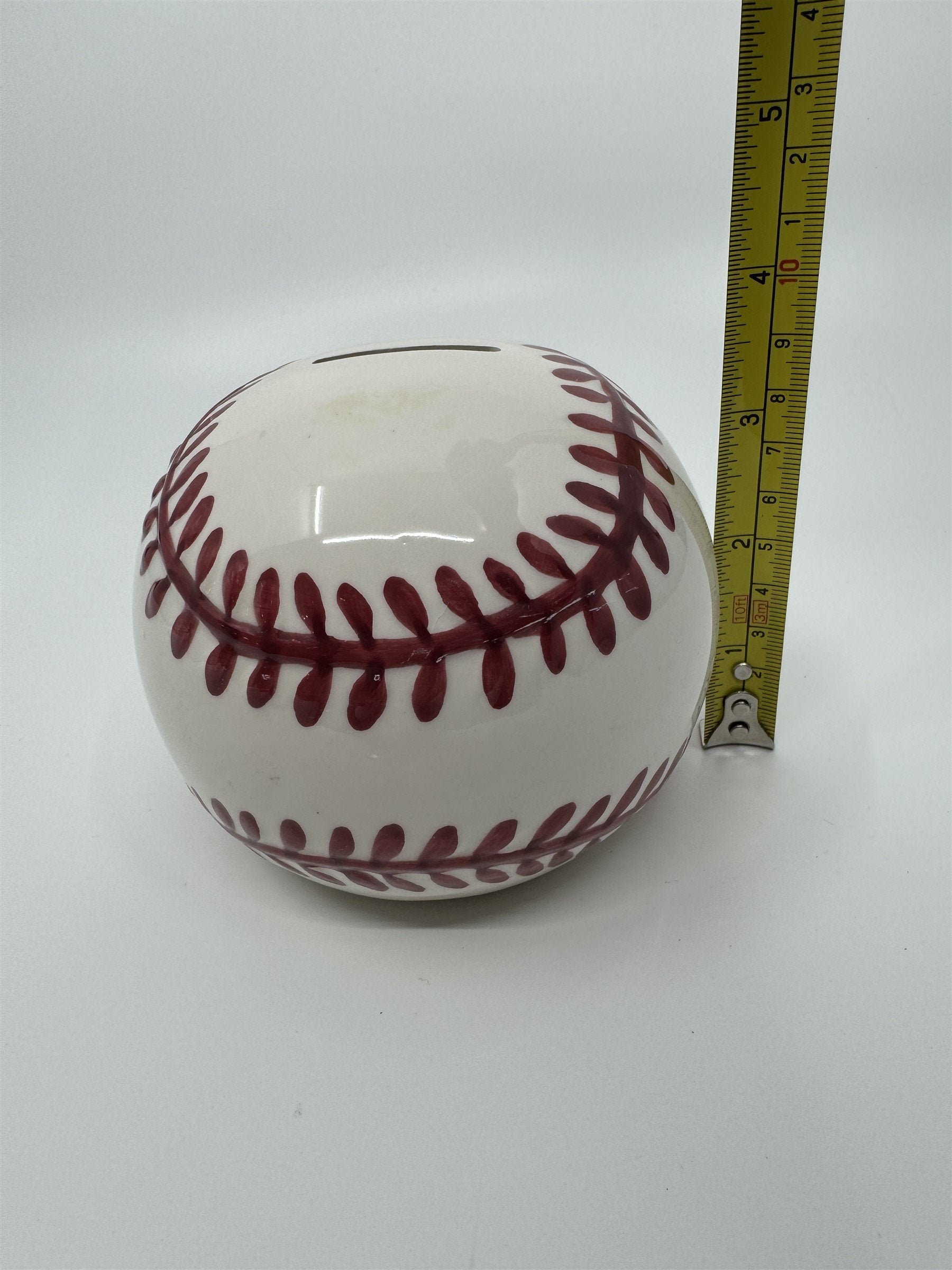 Vintage Baseball Shaped Ceramic Coin Piggy Bank Hand-Painted 5" Piggie Bank