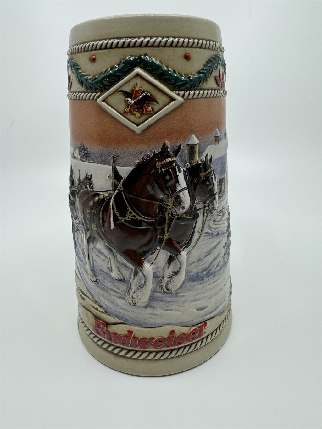 Vintage 1996 Budweiser Holiday Stein Christmas Beer Mug American Homestead Horse