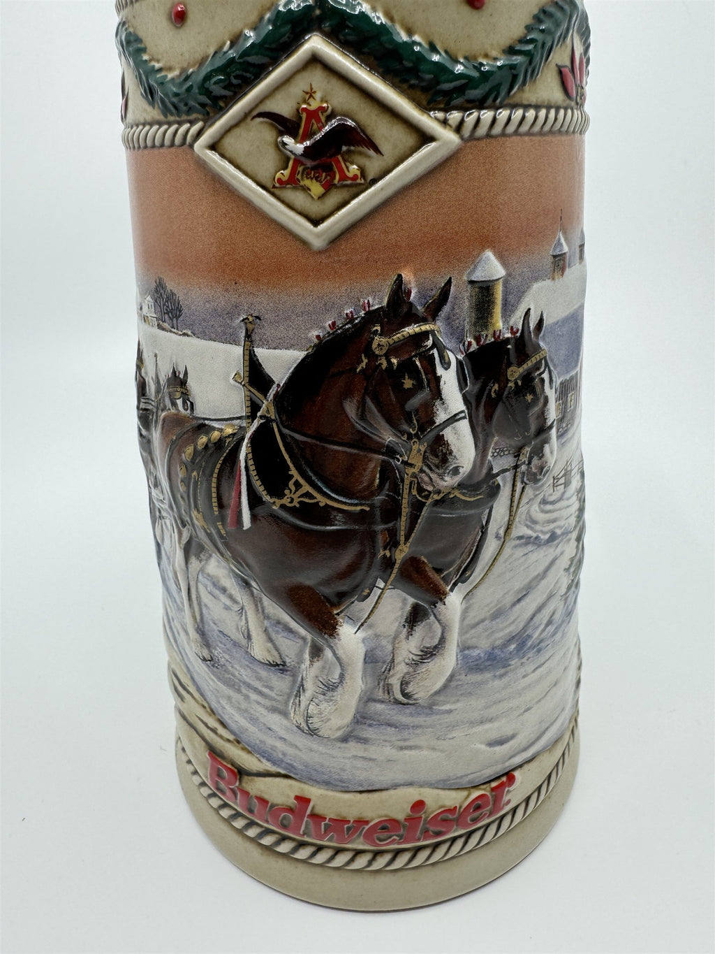 Vintage 1996 Budweiser Holiday Stein Christmas Beer Mug American Homestead Horse