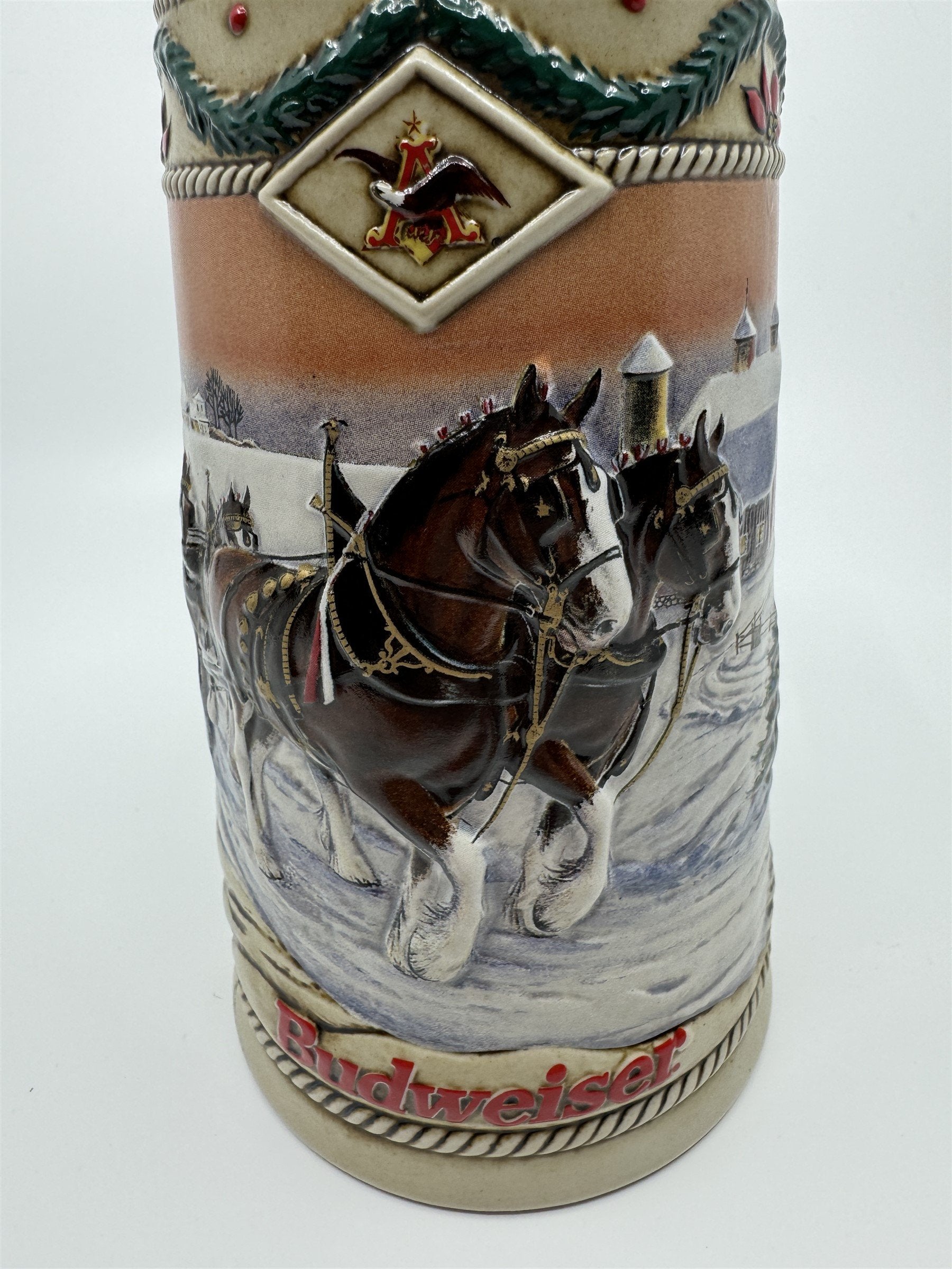 Vintage 1996 Budweiser Holiday Stein Christmas Beer Mug American Homestead Horse