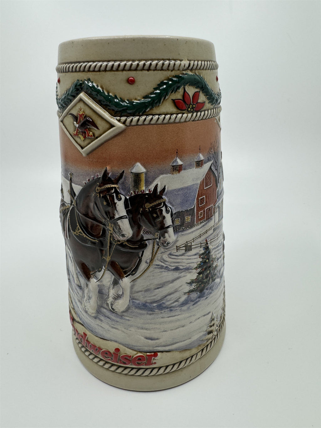 Vintage 1996 Budweiser Holiday Stein Christmas Beer Mug American Homestead Horse