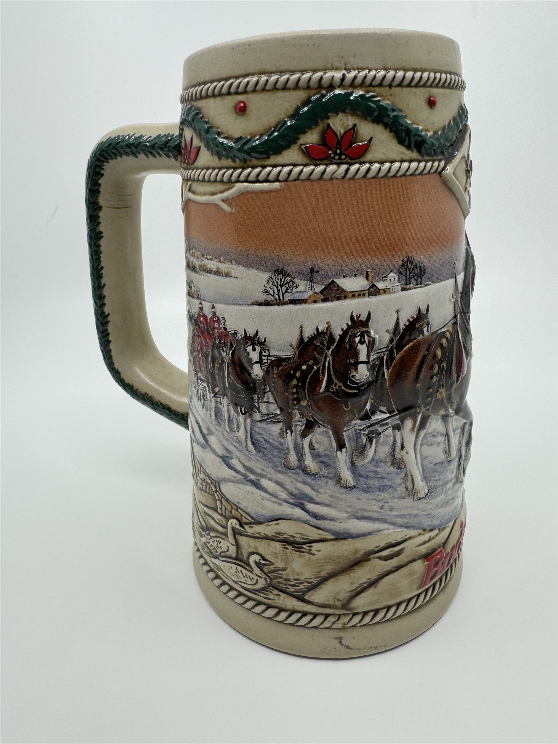 Vintage 1996 Budweiser Holiday Stein Christmas Beer Mug American Homestead Horse