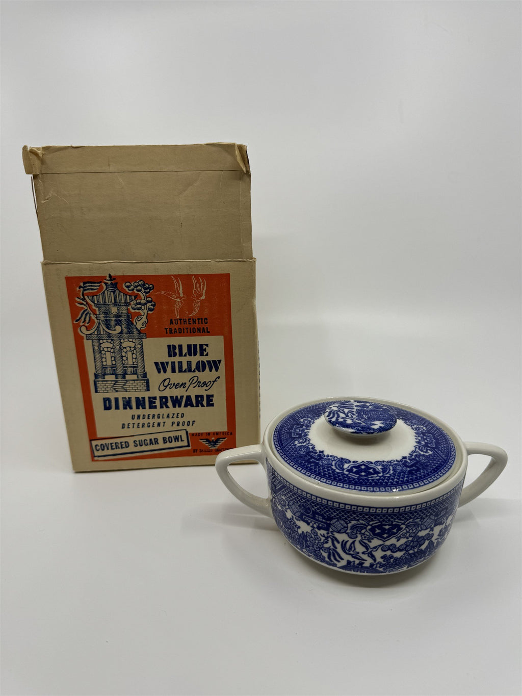 Vintage Covered Sugar Bowl Blue Willow Ware Eaton Made in USA /w Box Oven Proof