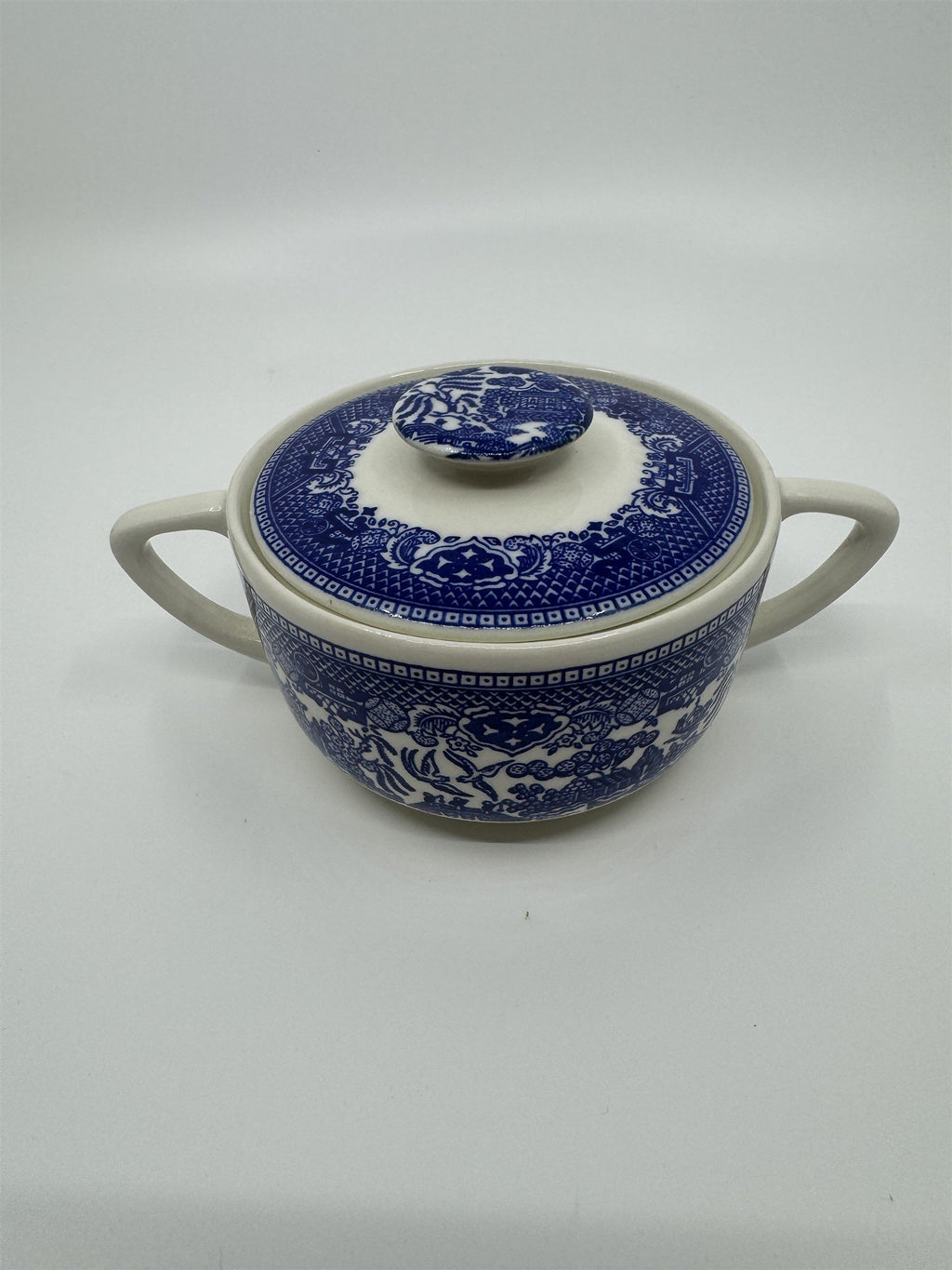 Vintage Covered Sugar Bowl Blue Willow Ware Eaton Made in USA /w Box Oven Proof