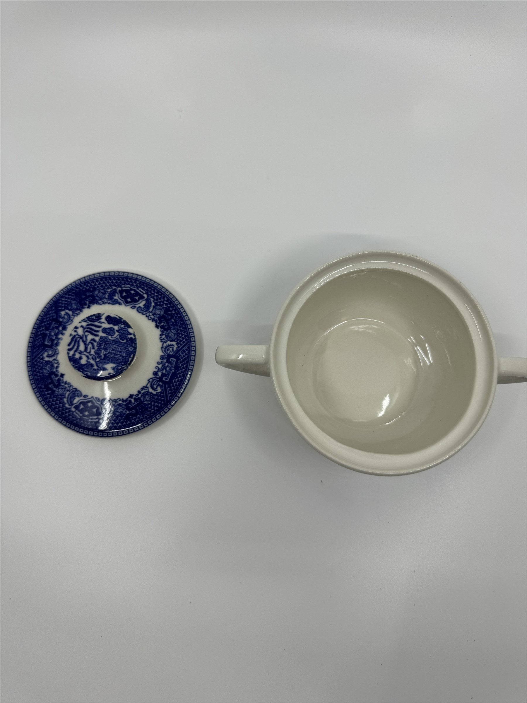 Vintage Covered Sugar Bowl Blue Willow Ware Eaton Made in USA /w Box Oven Proof