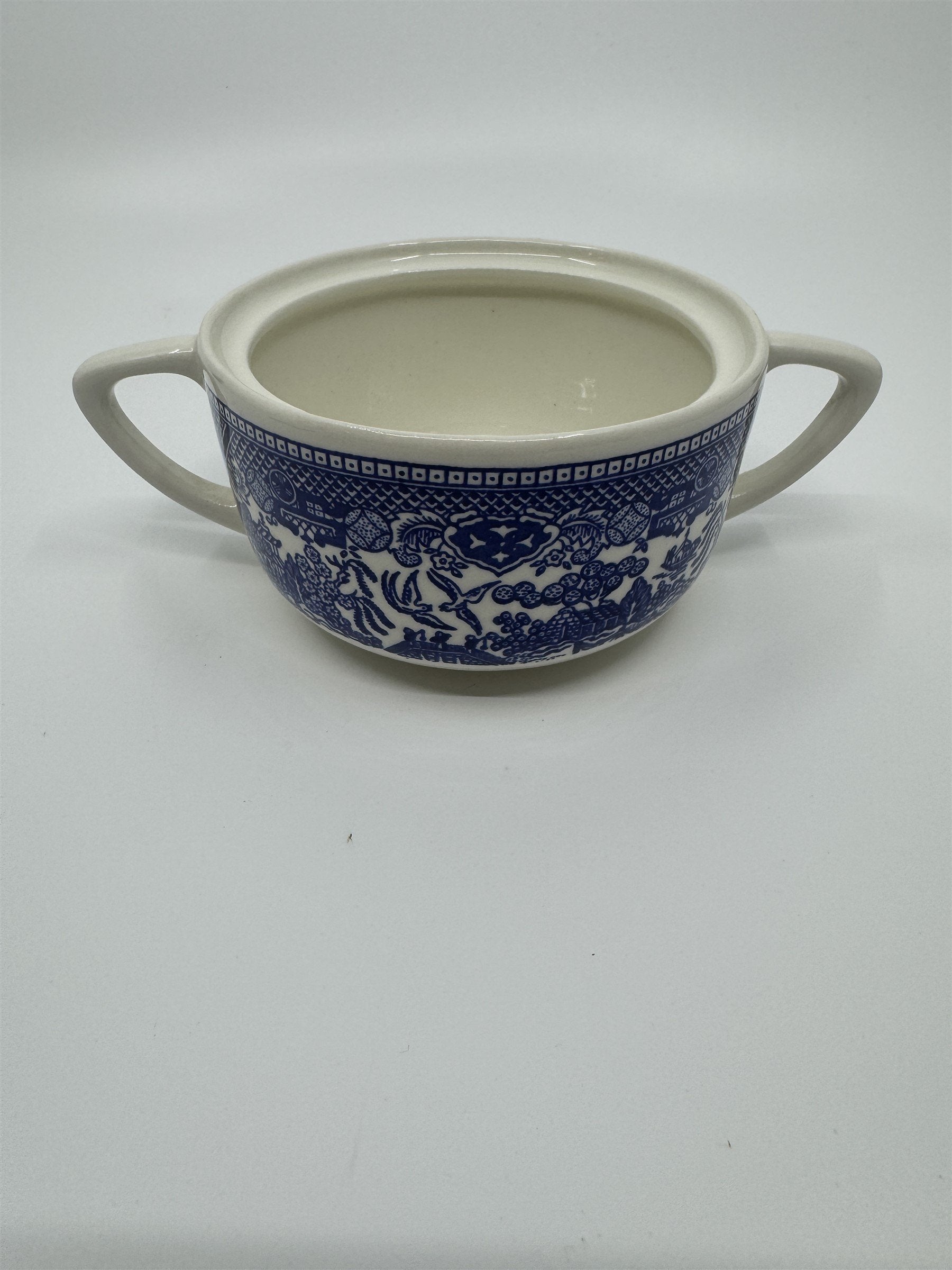 Vintage Covered Sugar Bowl Blue Willow Ware Eaton Made in USA /w Box Oven Proof