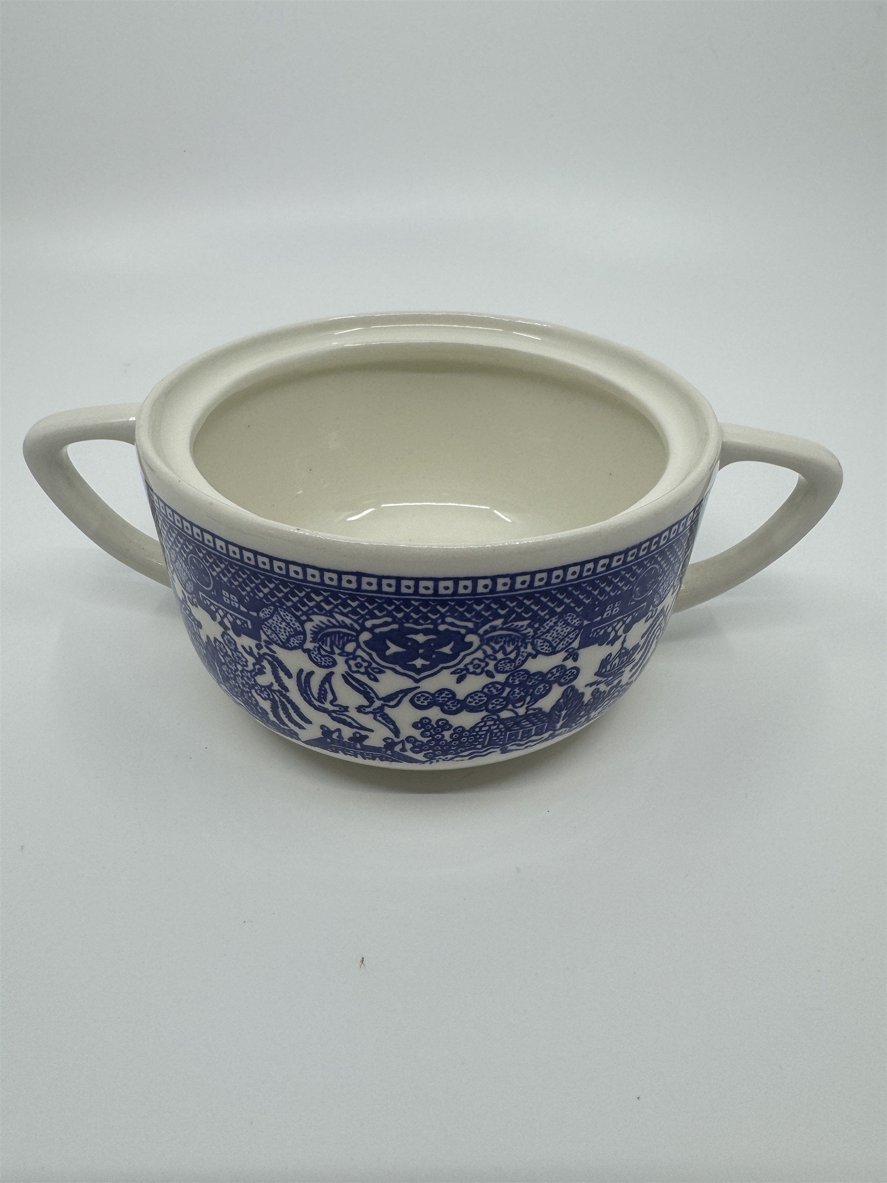 Vintage Covered Sugar Bowl Blue Willow Ware Eaton Made in USA /w Box Oven Proof