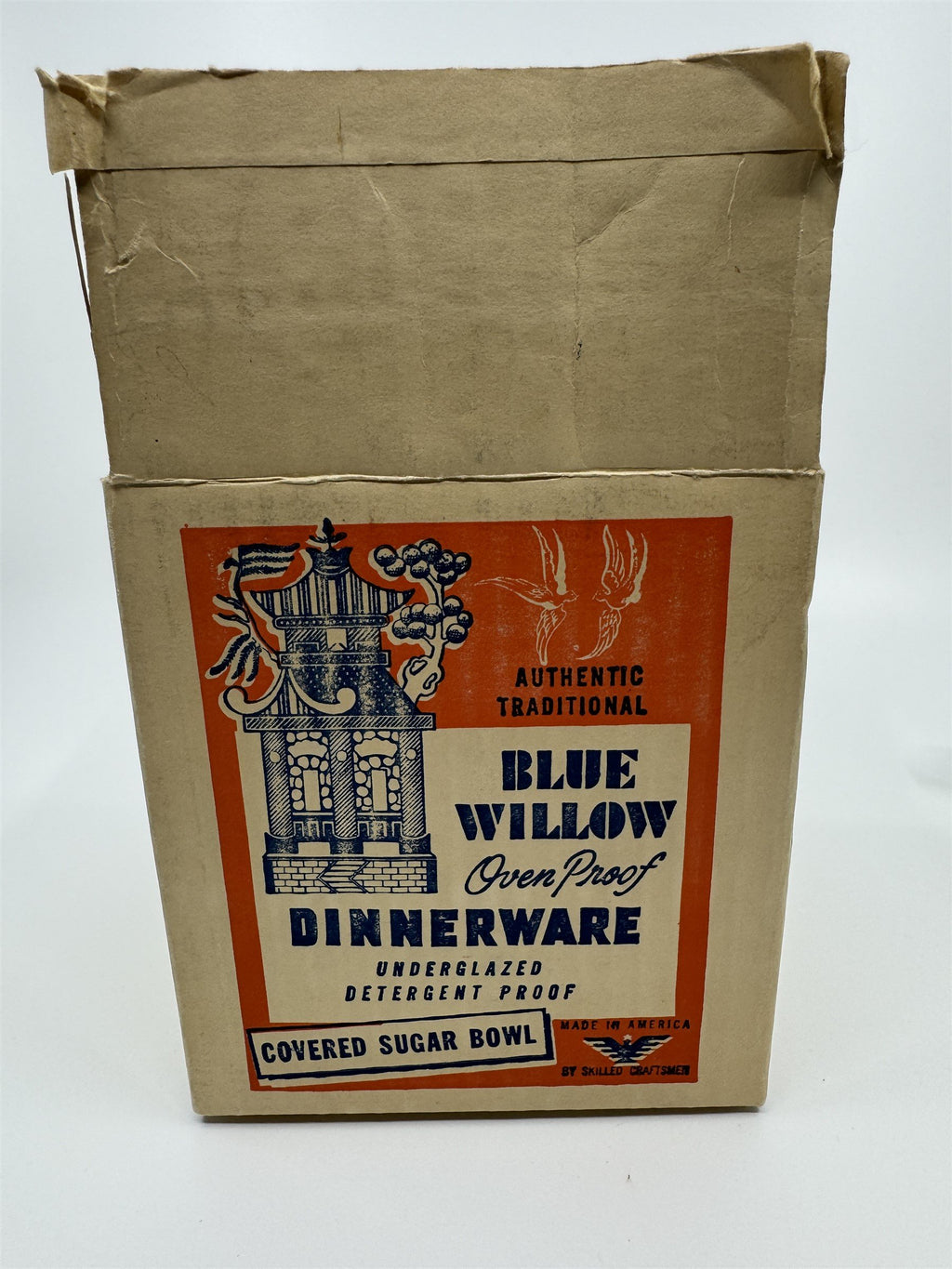 Vintage Covered Sugar Bowl Blue Willow Ware Eaton Made in USA /w Box Oven Proof