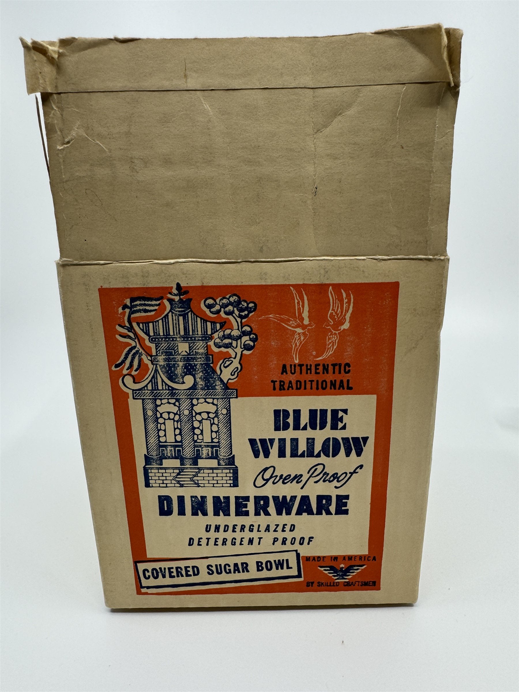 Vintage Covered Sugar Bowl Blue Willow Ware Eaton Made in USA /w Box Oven Proof
