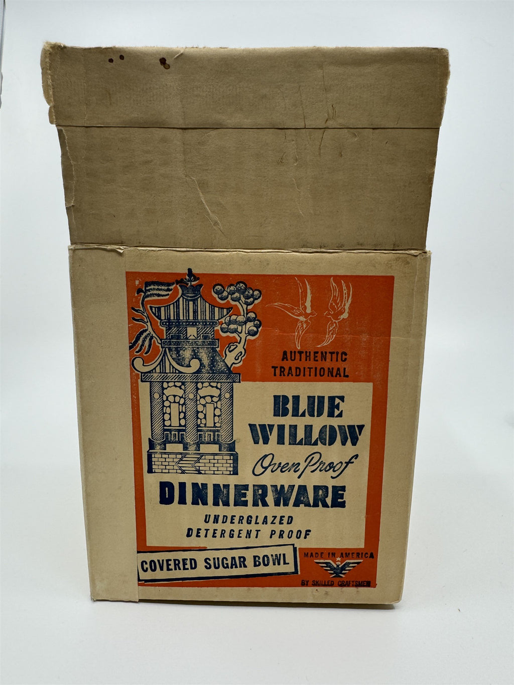 Vintage Covered Sugar Bowl Blue Willow Ware Eaton Made in USA /w Box Oven Proof