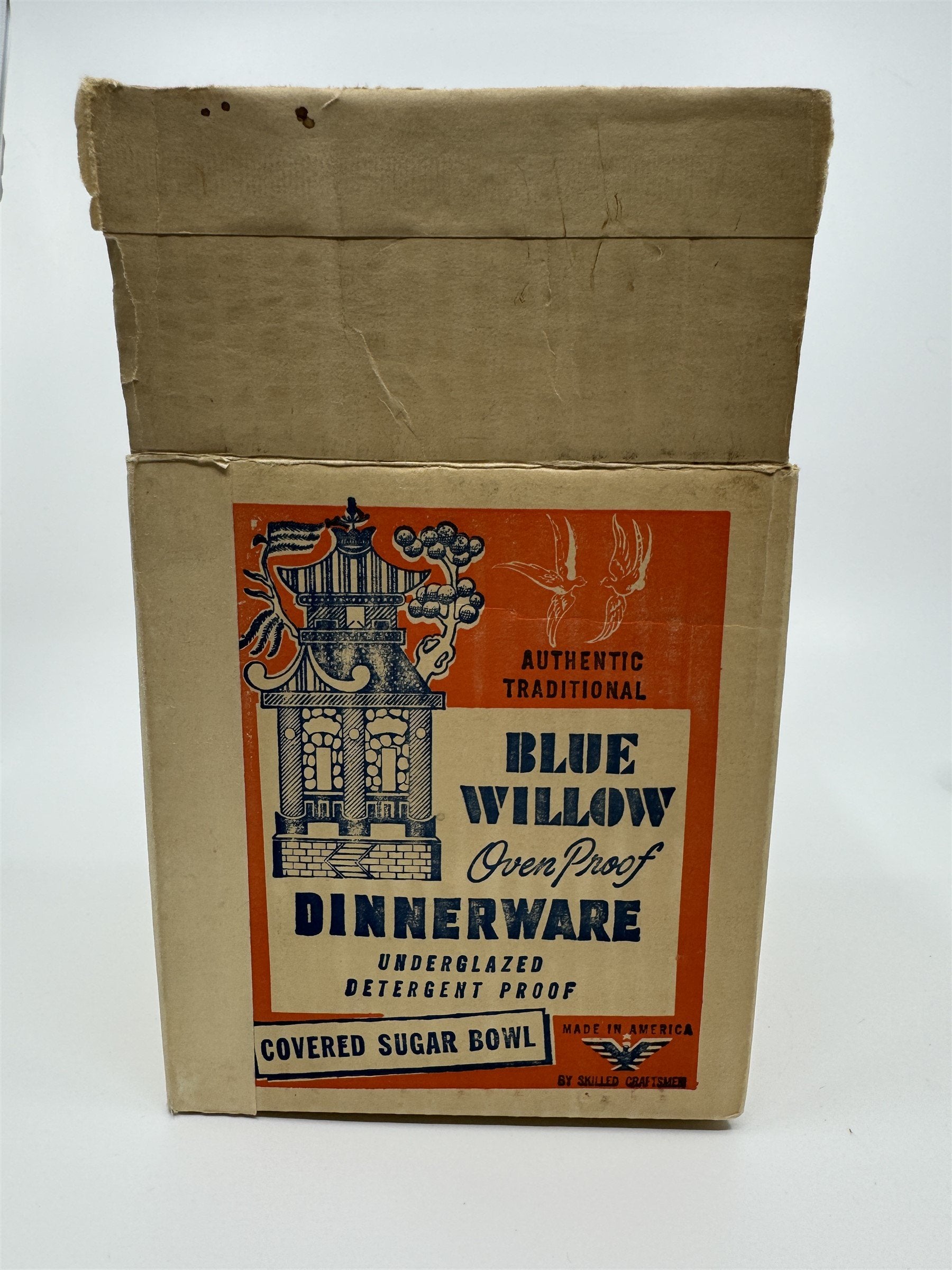 Vintage Covered Sugar Bowl Blue Willow Ware Eaton Made in USA /w Box Oven Proof