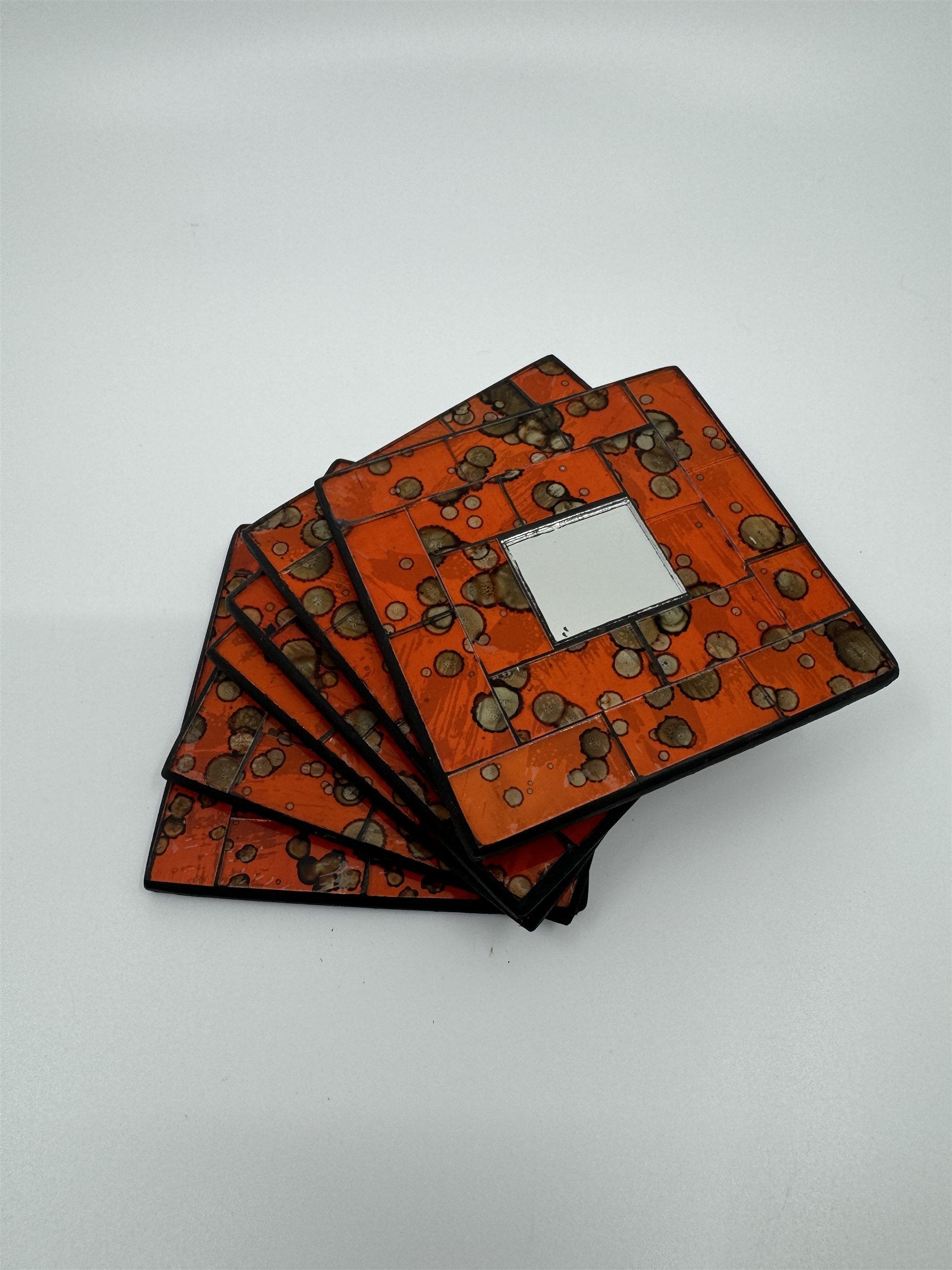 Set of 6 Vintage Handmade Ceramic Red Mosaic Mirror Tile Drink Coasters
