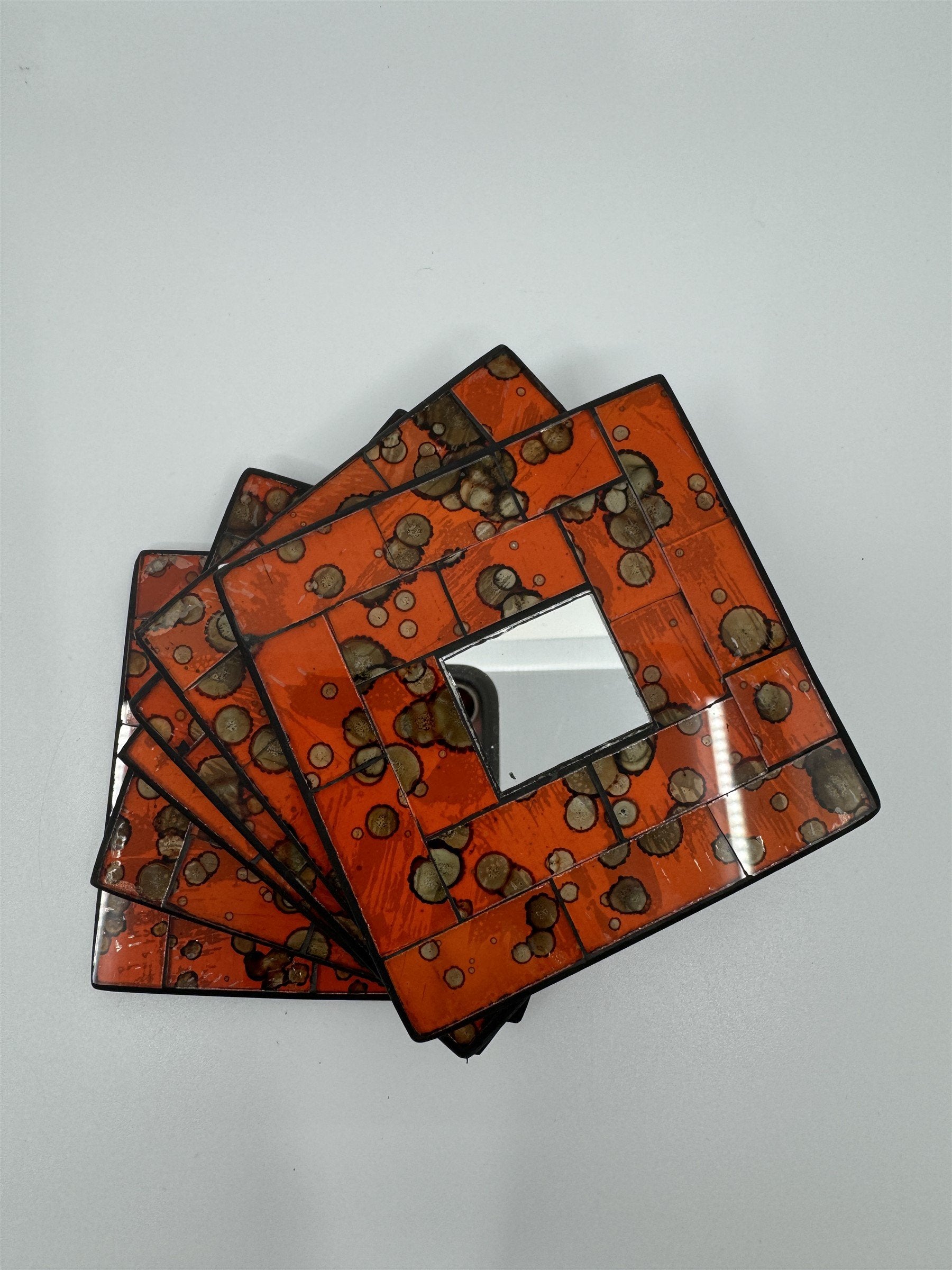 Set of 6 Vintage Handmade Ceramic Red Mosaic Mirror Tile Drink Coasters