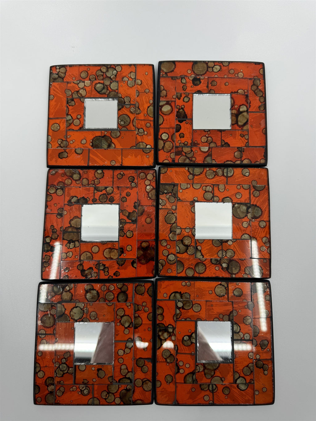 Set of 6 Vintage Handmade Ceramic Red Mosaic Mirror Tile Drink Coasters