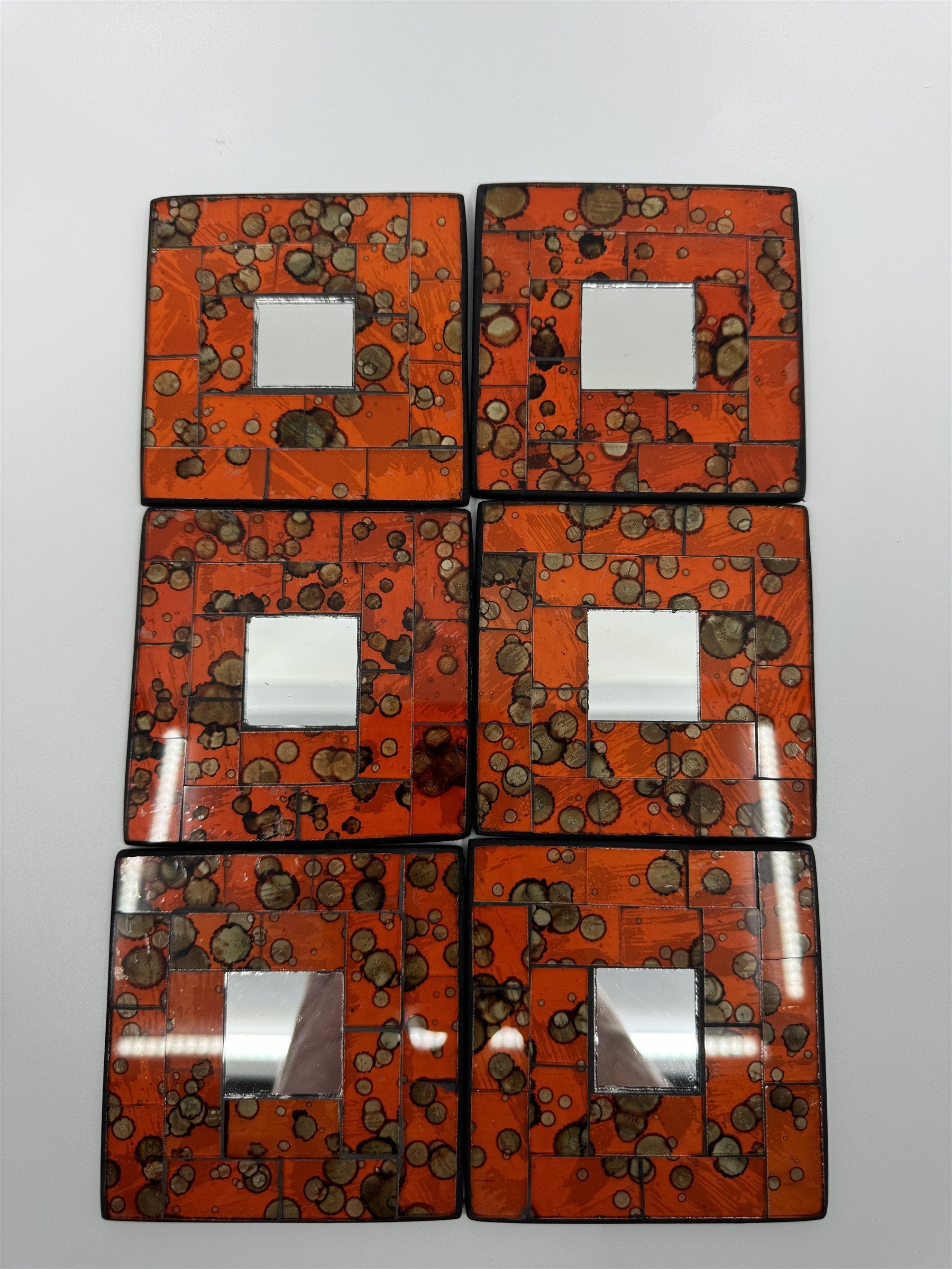 Set of 6 Vintage Handmade Ceramic Red Mosaic Mirror Tile Drink Coasters