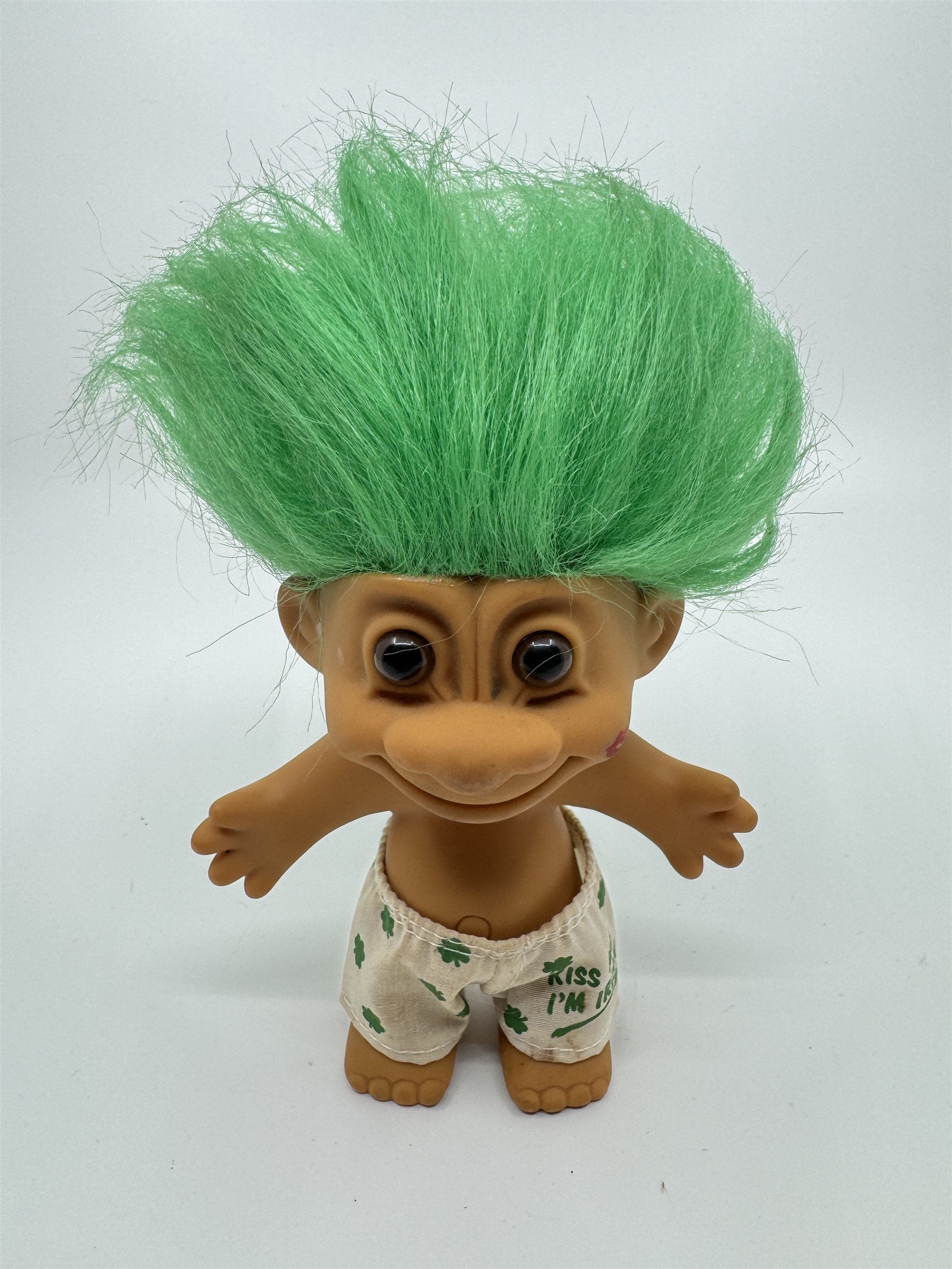 Vintage Troll Doll "Kiss Me I'm Irish" Green Hair 5" Tall Brown Eyes Irish RUSS