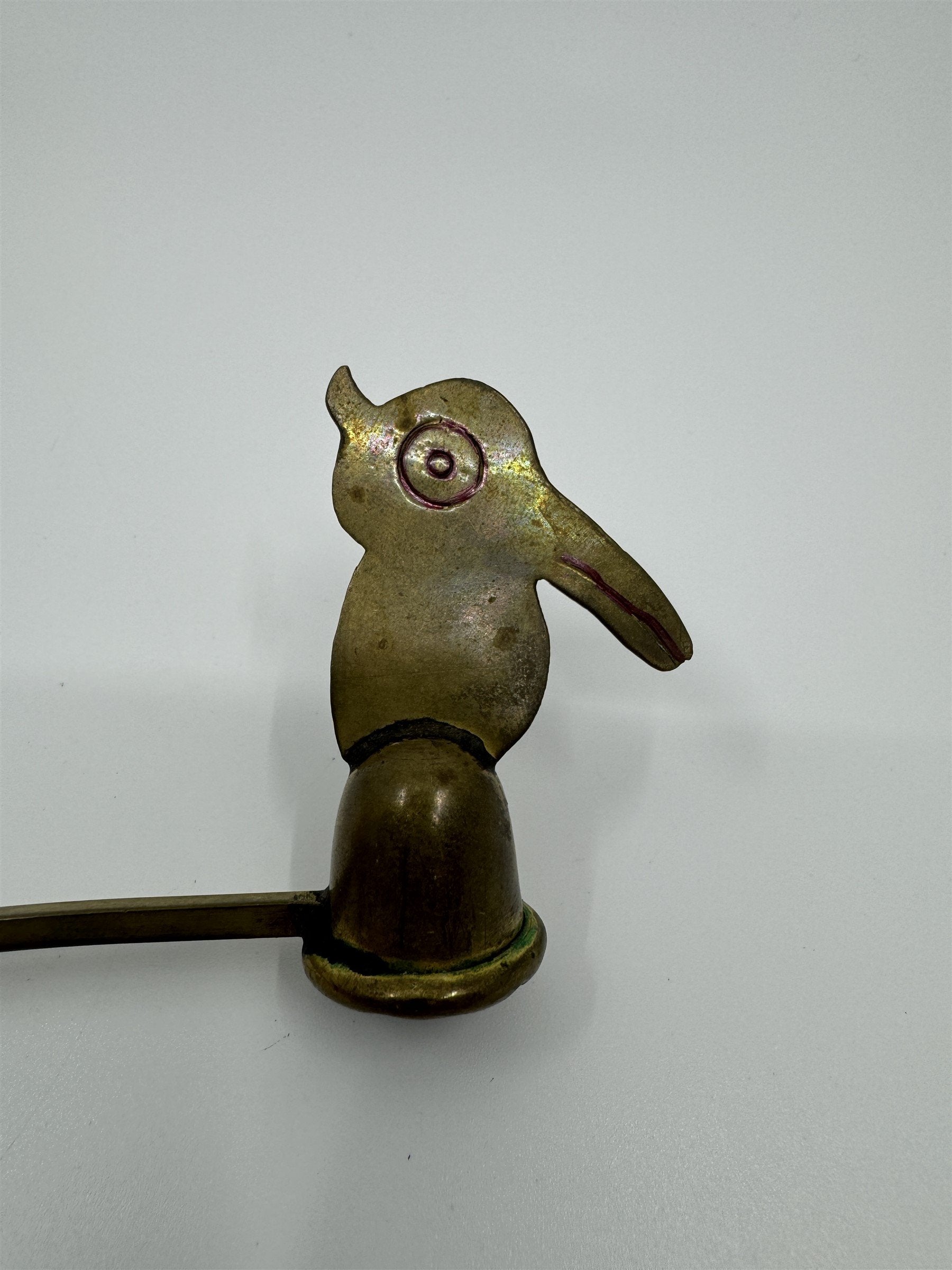 Vintage Metal Brass Candle Snuffer With Parrot Bird Toucan Drawn Twisted Metal