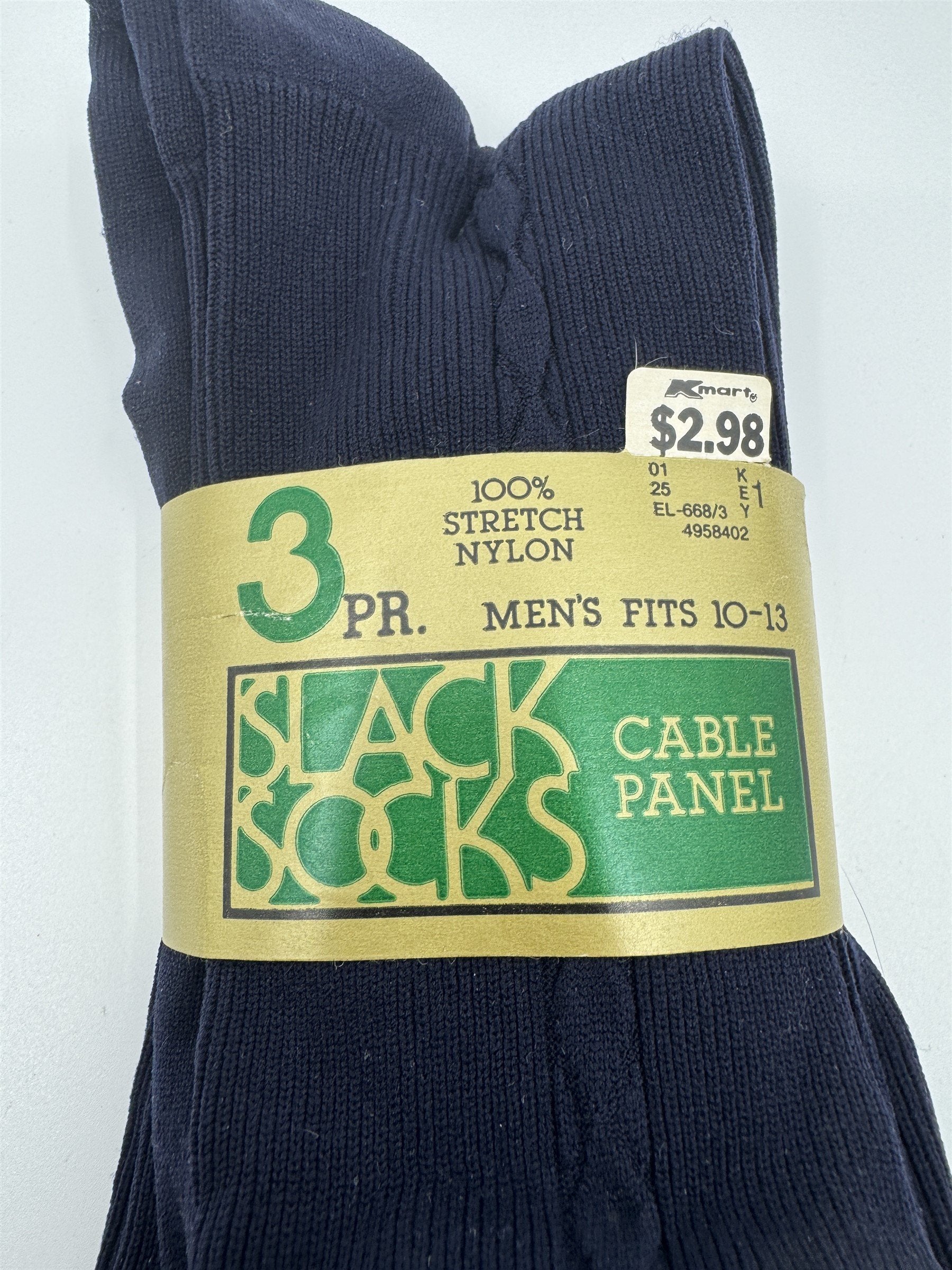 Vintage Kmart 3pk 100% Stretch Nylon Navy Blue Cable Panel Dress Socks 10-13 NOS